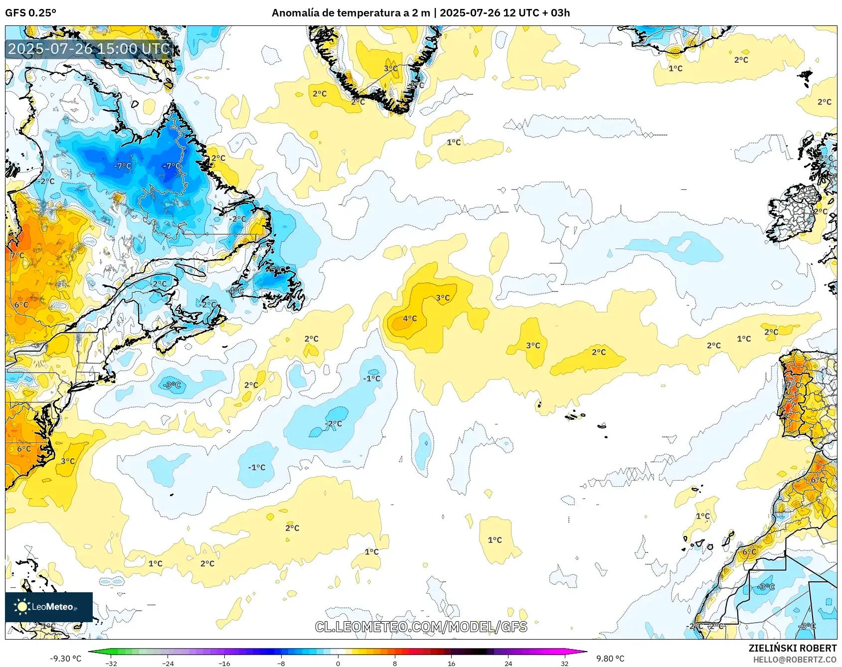 GFS model - Norte Atlántico, Anomalía de temperatura a 2 m
