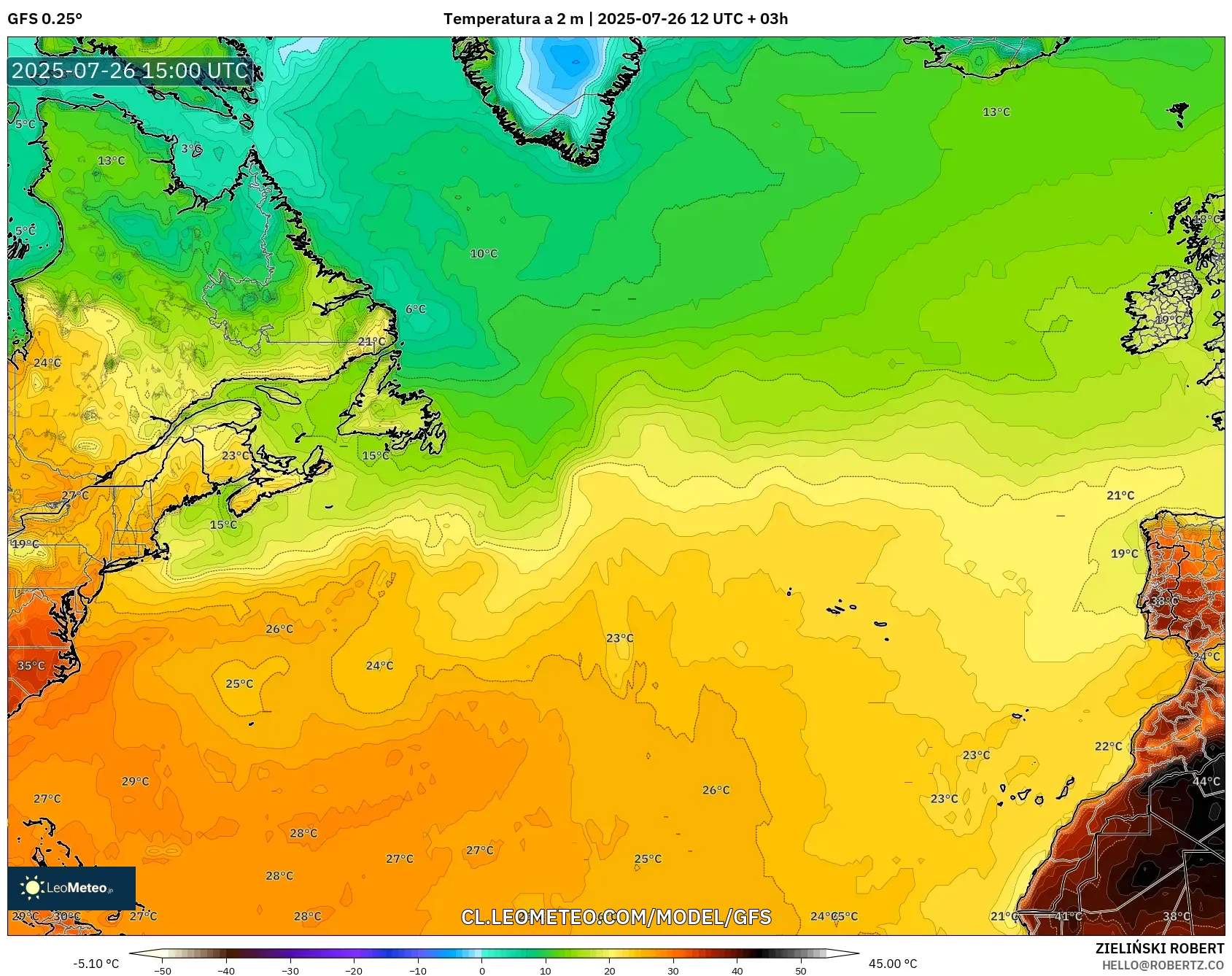GFS model - Norte Atlántico, Temperatura a 2 m GFS model - Norte Atlántico, Temperatura a 2 m
