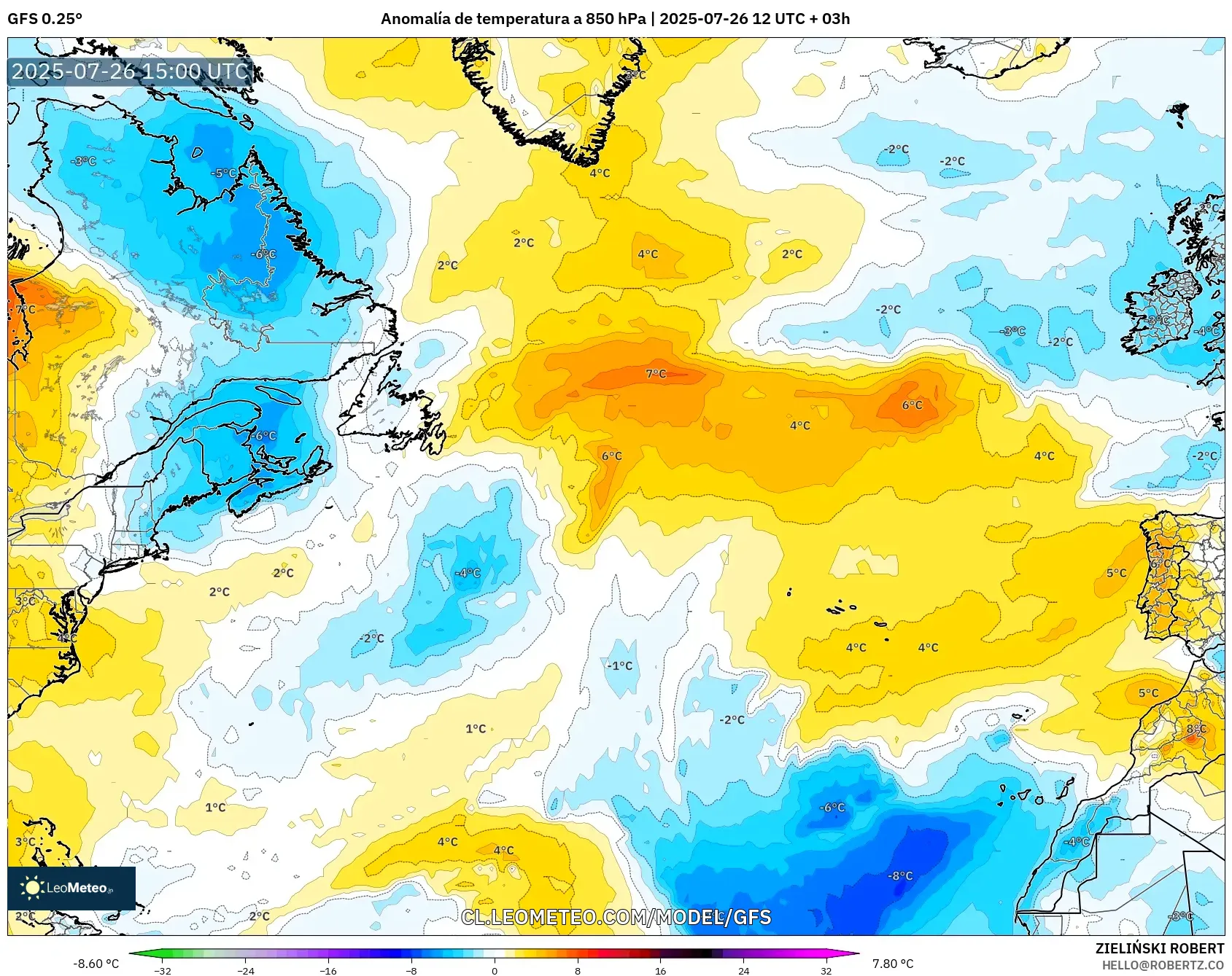GFS model - Norte Atlántico, Anomalía de temperatura a 850 hPa