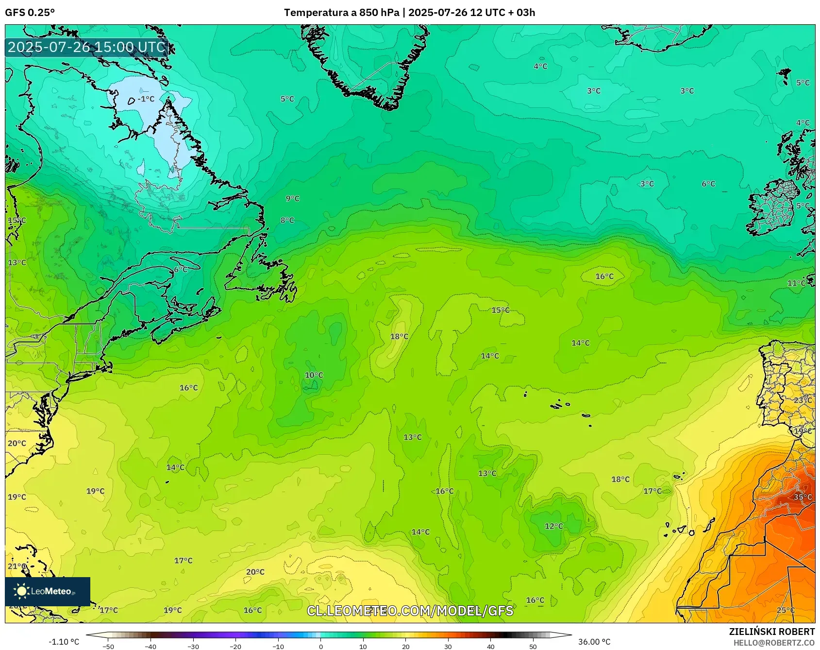 GFS model - Norte Atlántico, Temperatura a 850 hPa