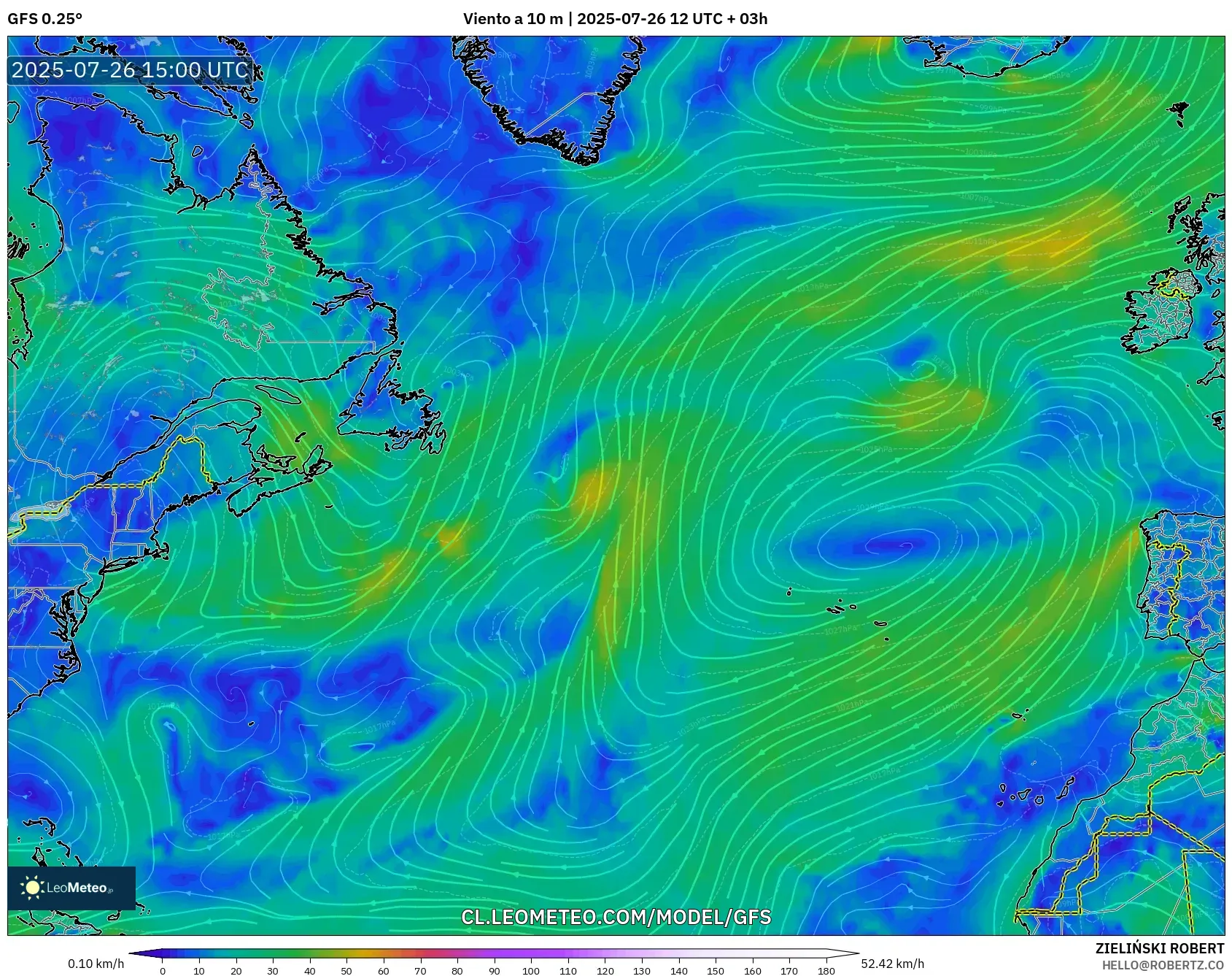 GFS model - Norte Atlántico, Viento a 10 m