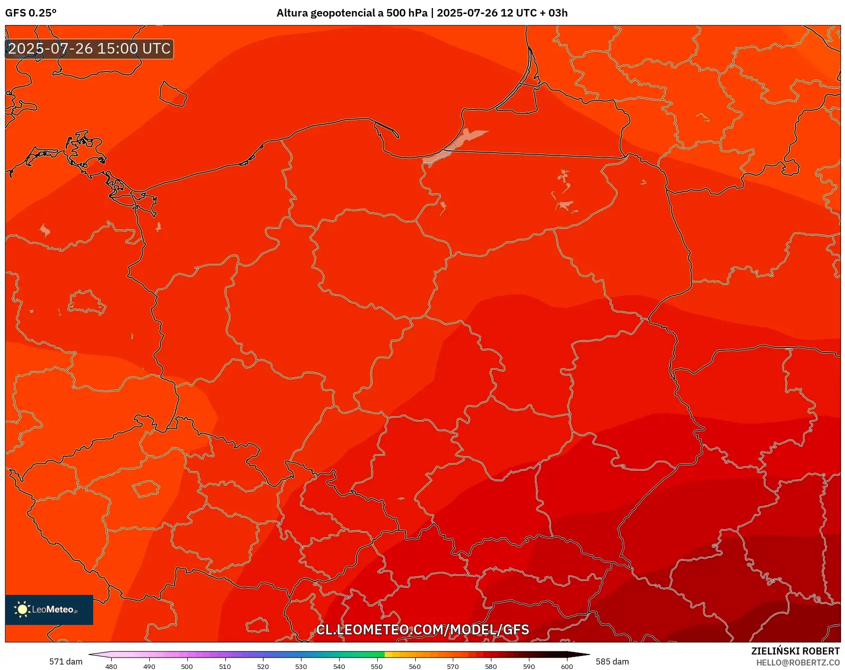 GFS model - Polonia, Altura geopotencial a 500 hPa