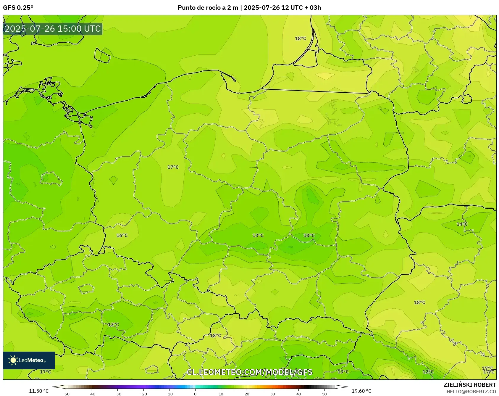 GFS model - Polonia, Punto de rocío a 2 m