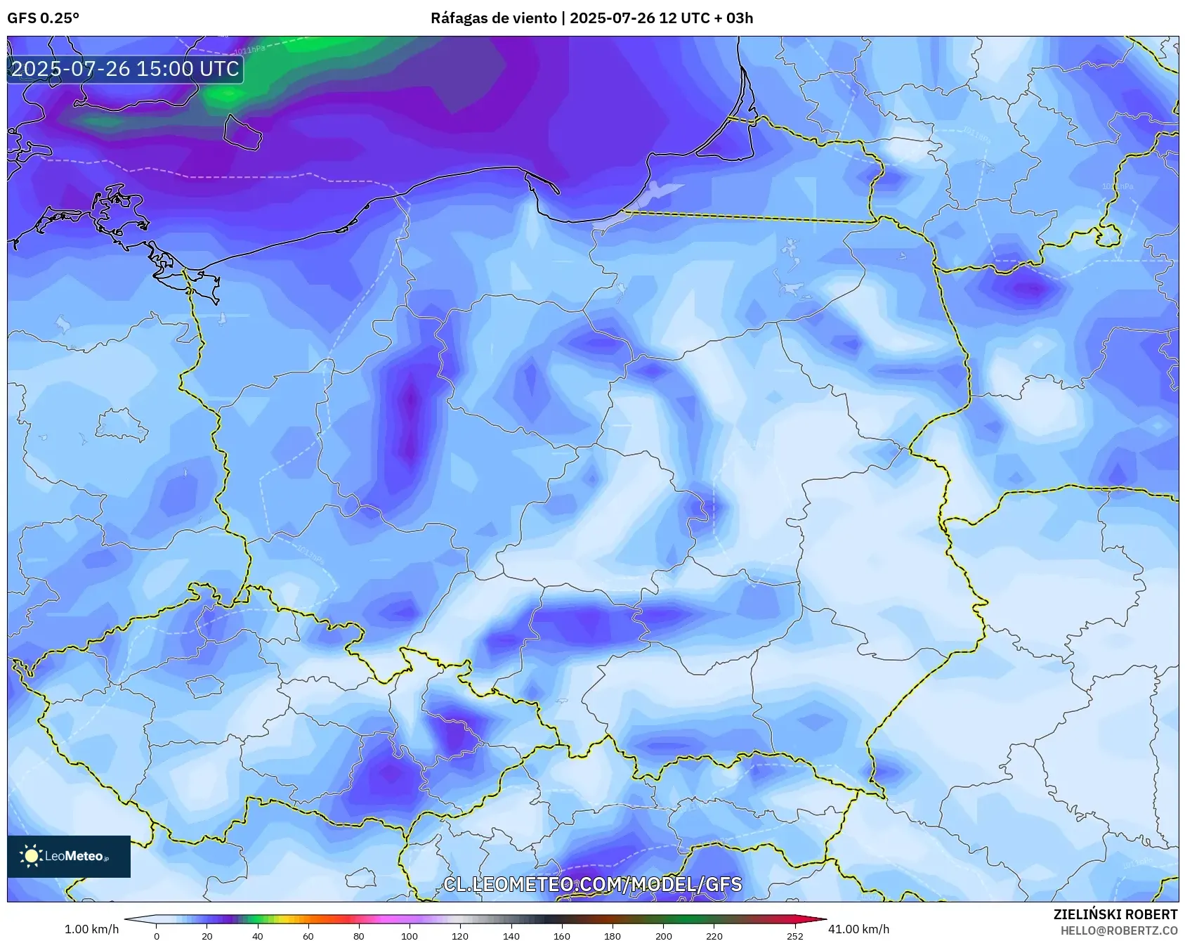 GFS model - Polonia, Ráfagas de viento GFS model - Polonia, Ráfagas de viento
