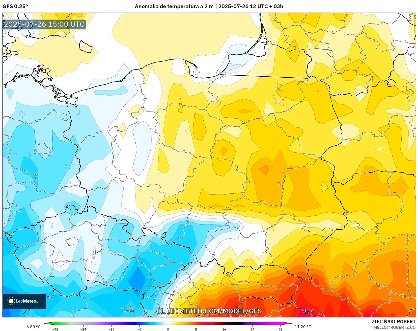 GFS model - Polonia, Anomalía de temperatura a 2 m