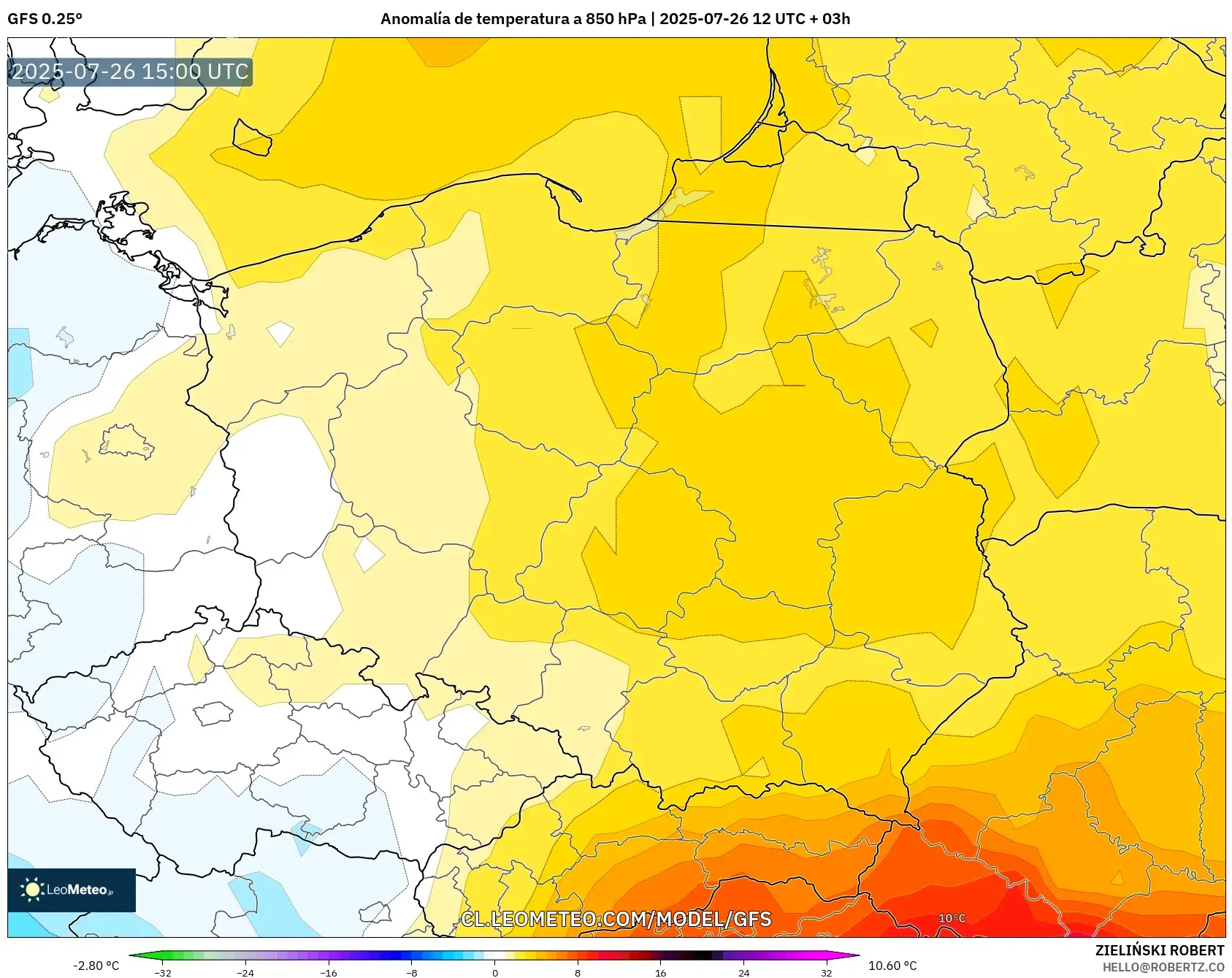 GFS model - Polonia, Anomalía de temperatura a 850 hPa