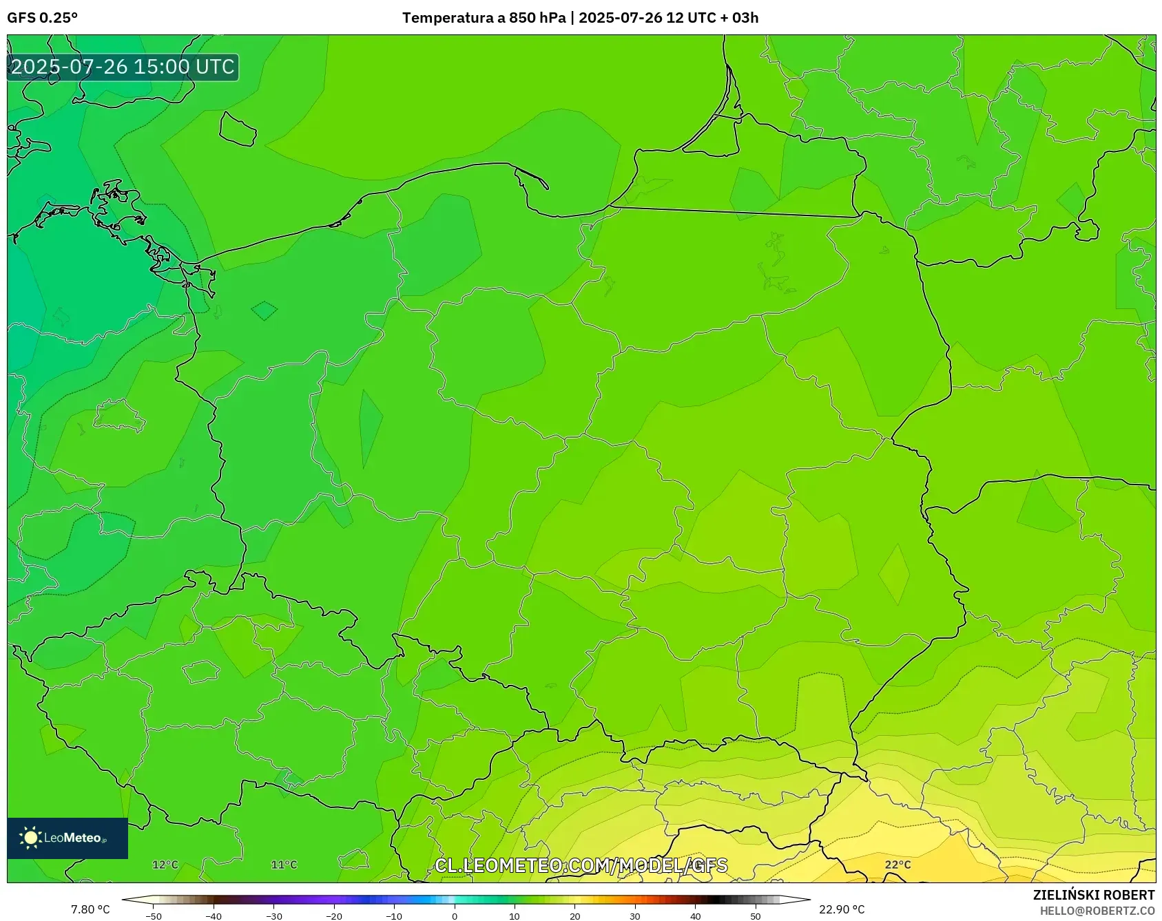GFS model - Polonia, Temperatura a 850 hPa