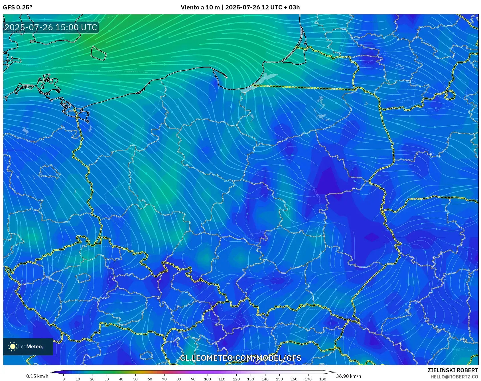 GFS model - Polonia, Viento a 10 m