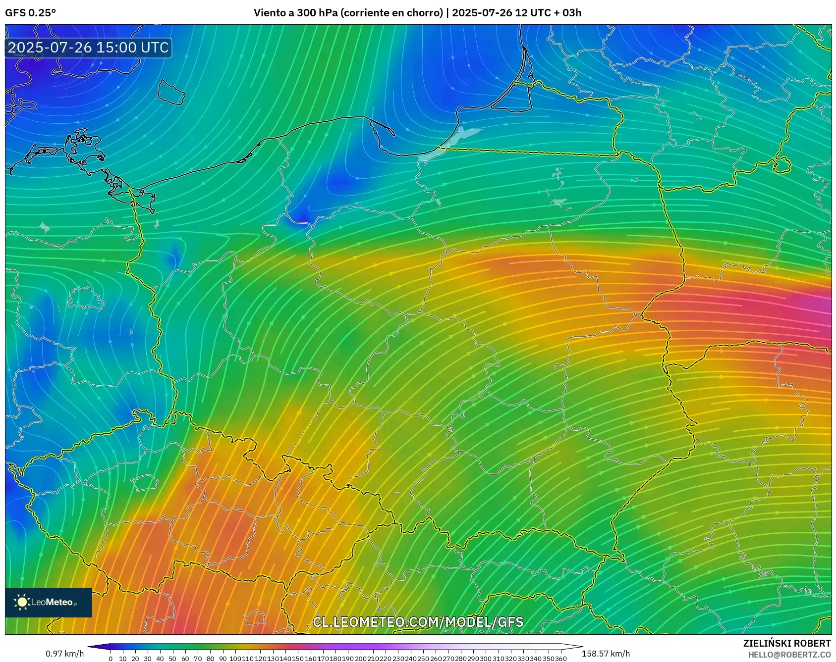 GFS model - Polonia, Viento a 300 hPa (corriente en chorro)