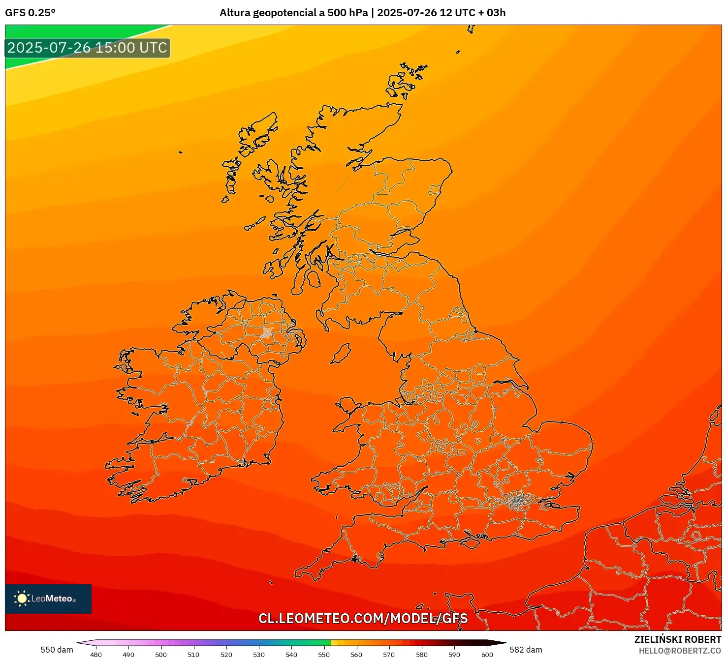 GFS model - Reino Unido, Altura geopotencial a 500 hPa