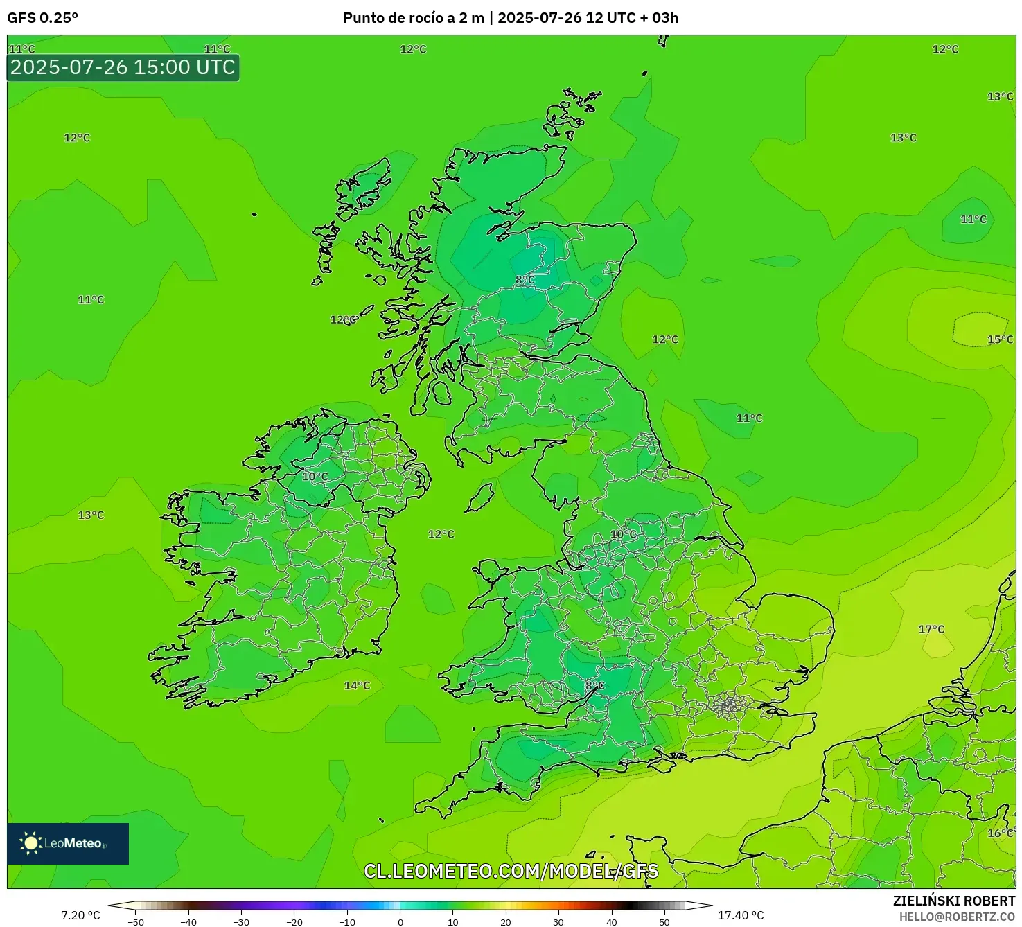 GFS model - Reino Unido, Punto de rocío a 2 m