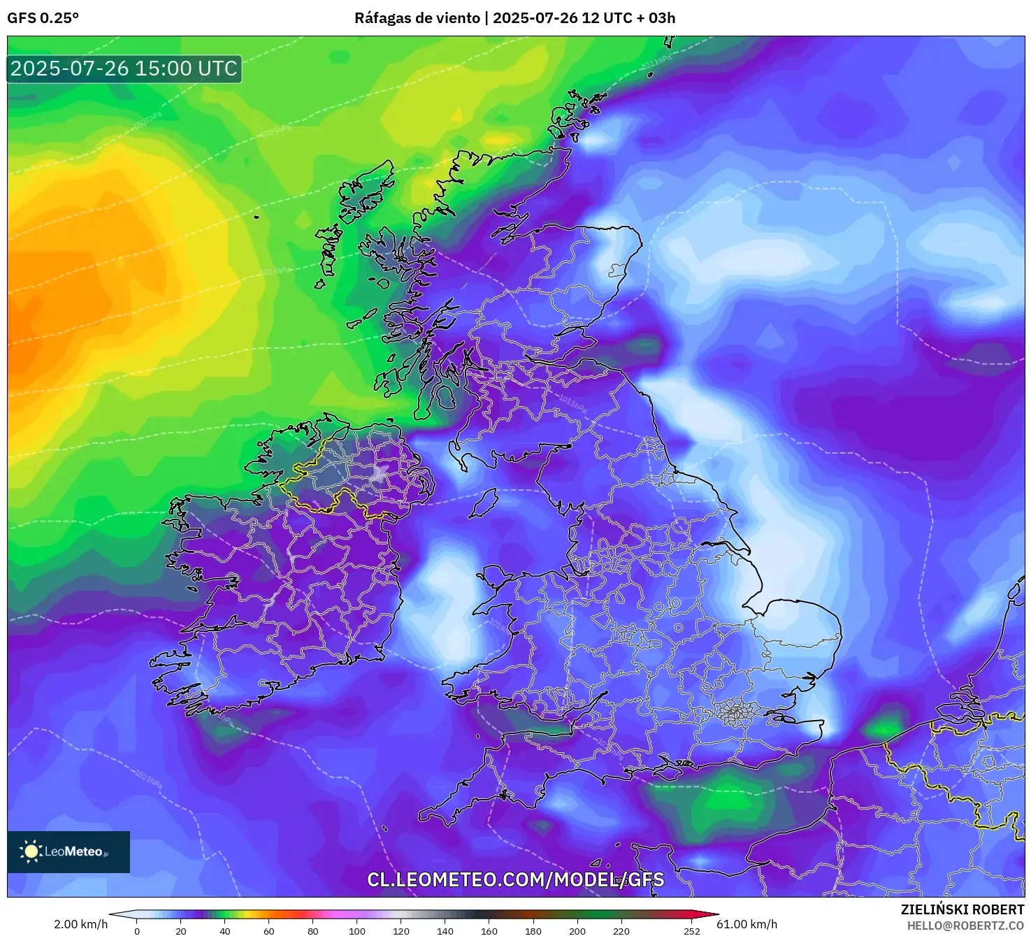 GFS model - Reino Unido, Ráfagas de viento