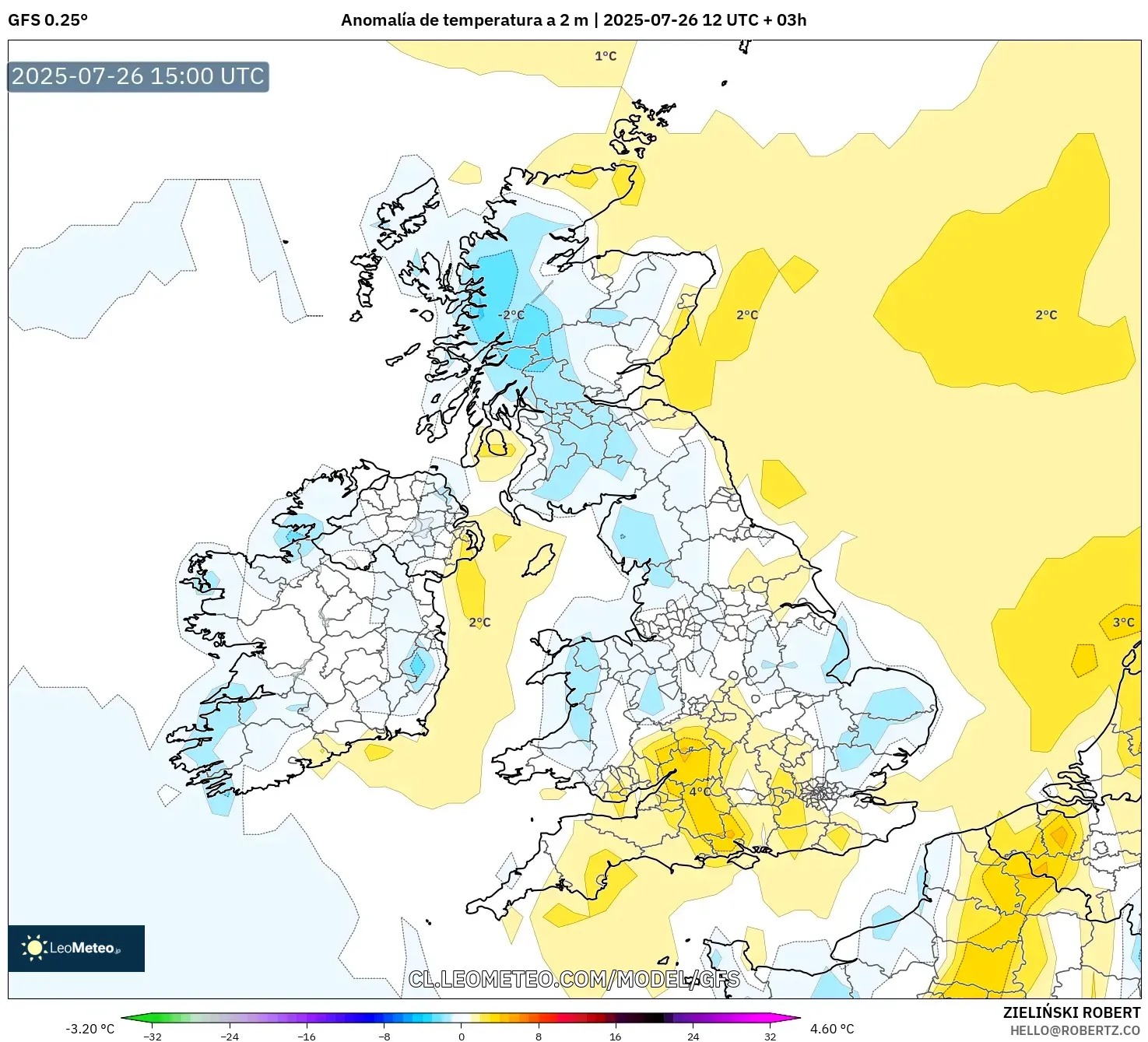 GFS model - Reino Unido, Anomalía de temperatura a 2 m