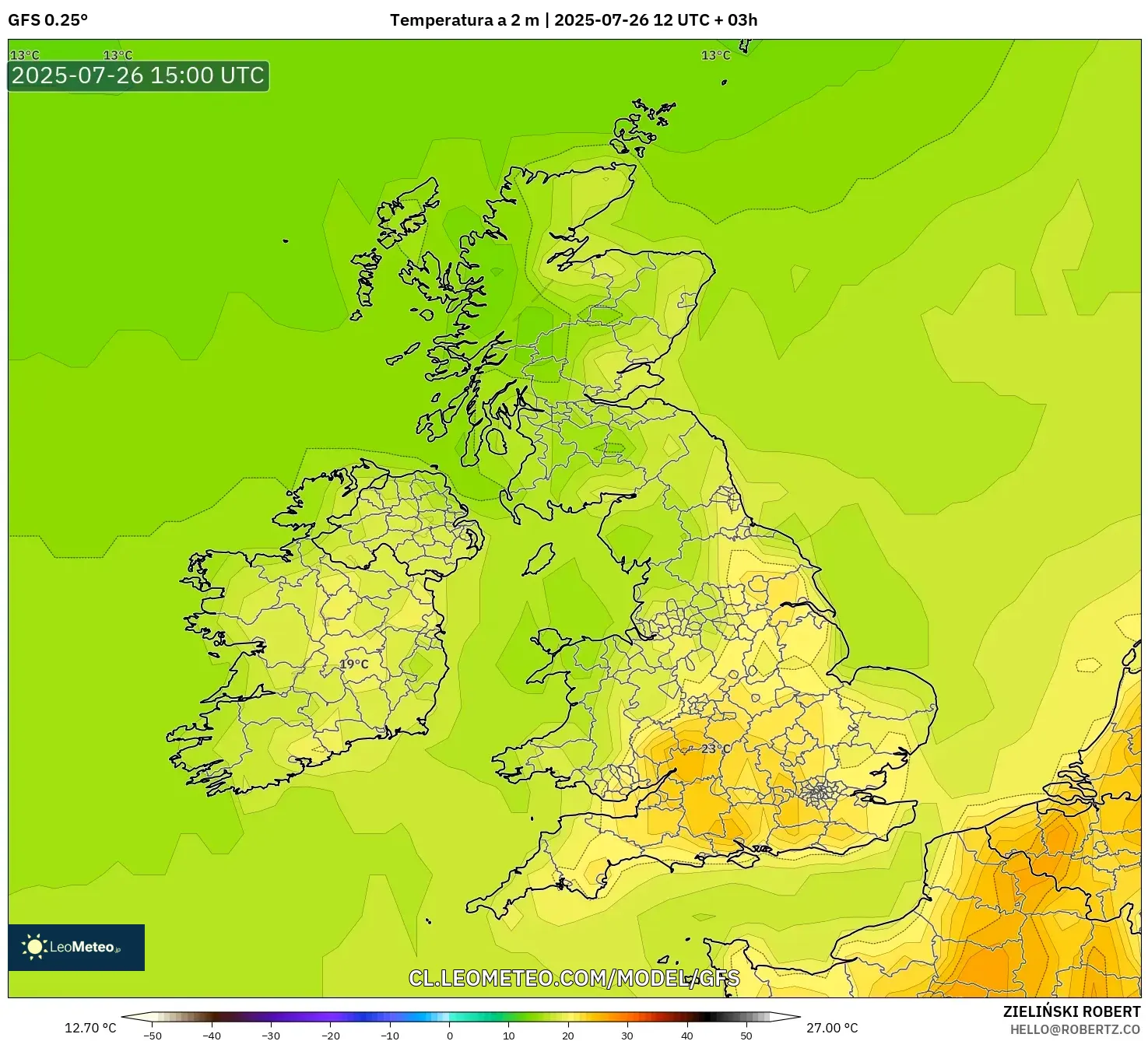 GFS model - Reino Unido, Temperatura a 2 m