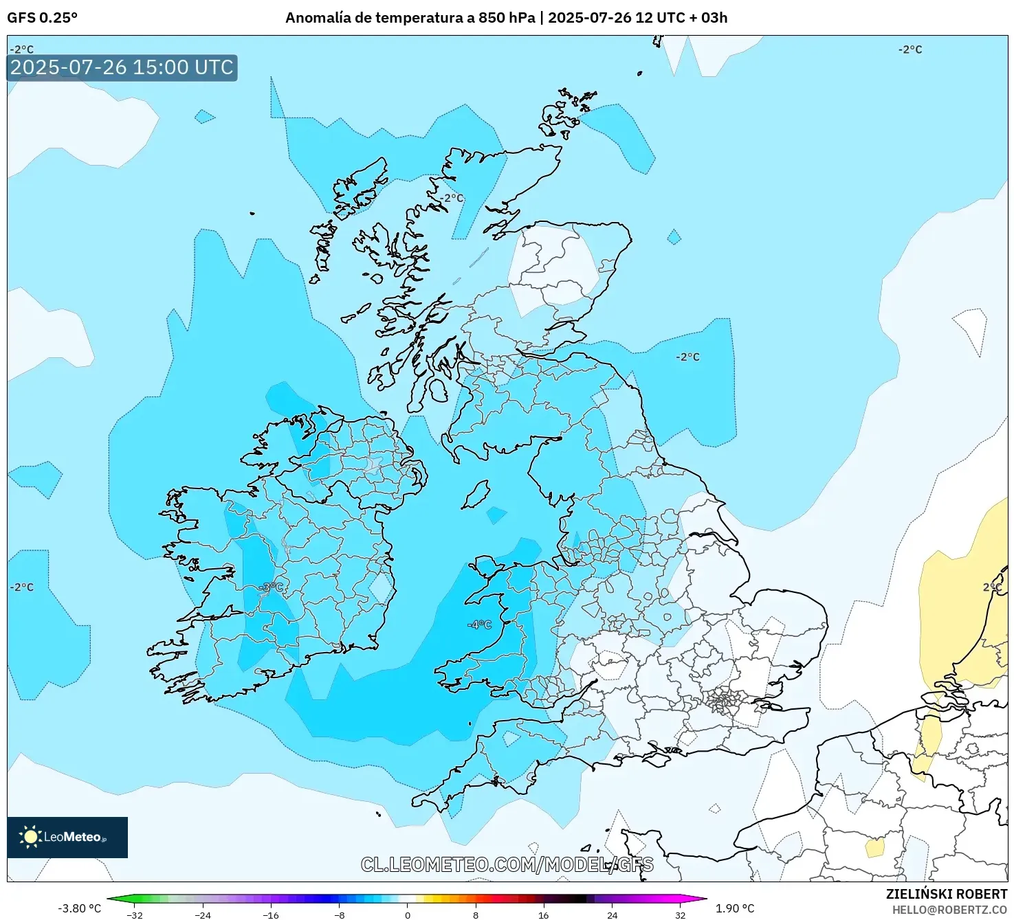 GFS model - Reino Unido, Anomalía de temperatura a 850 hPa