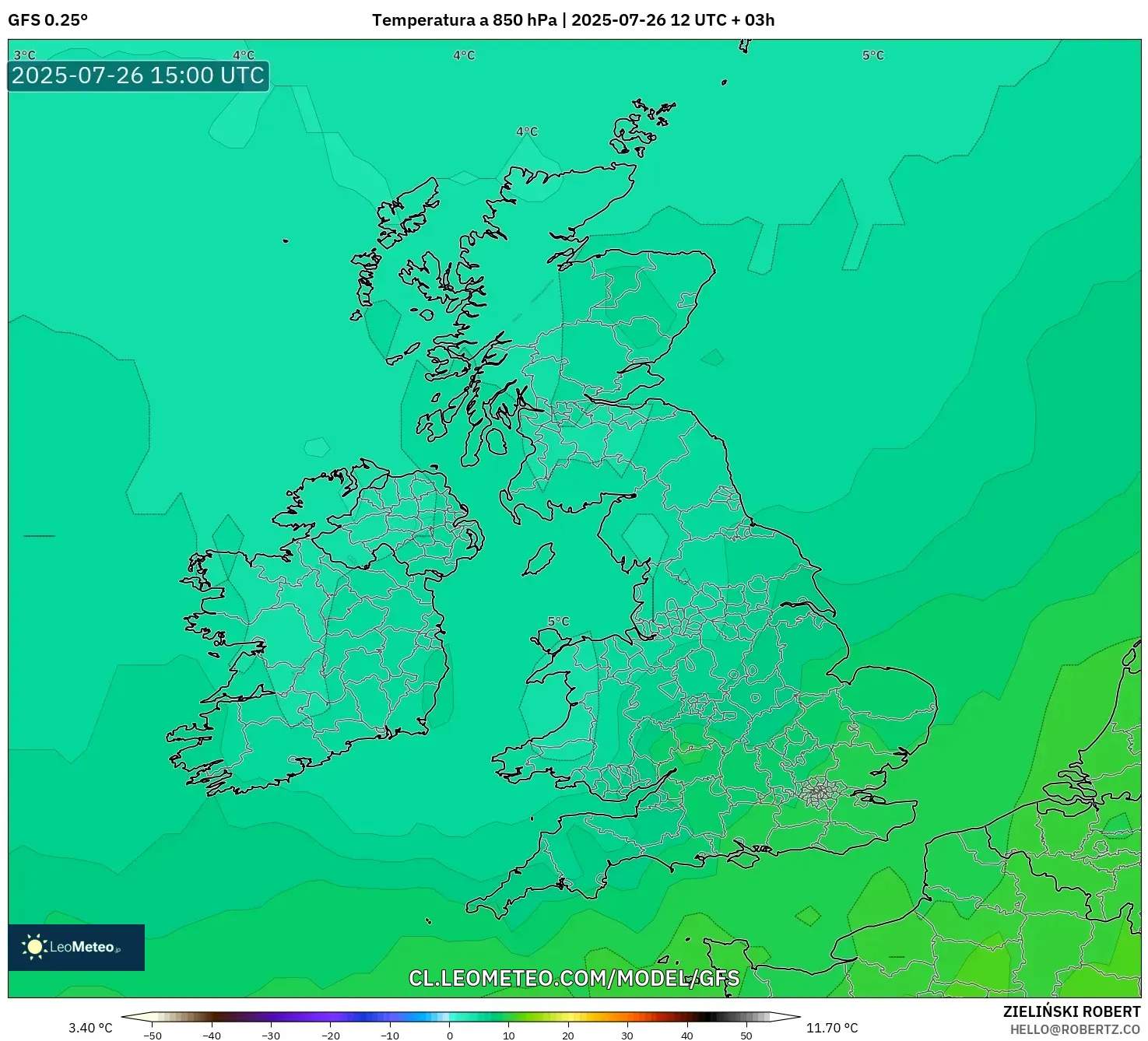 GFS model - Reino Unido, Temperatura a 850 hPa
