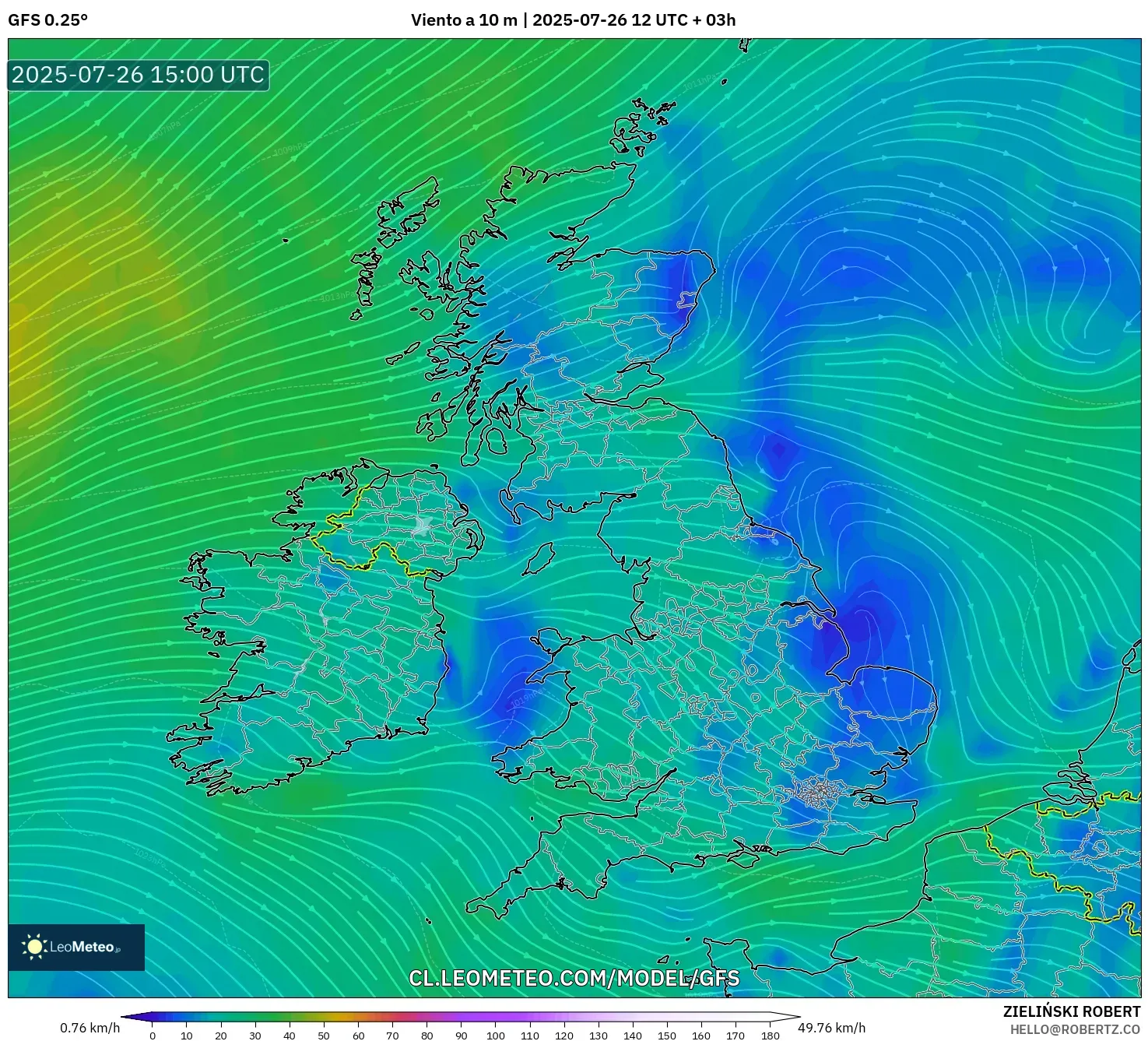 GFS model - Reino Unido, Viento a 10 m