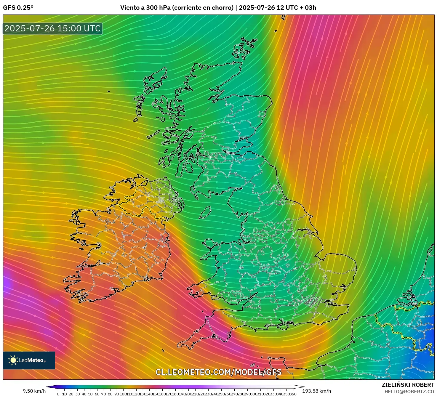 GFS model - Reino Unido, Viento a 300 hPa (corriente en chorro)