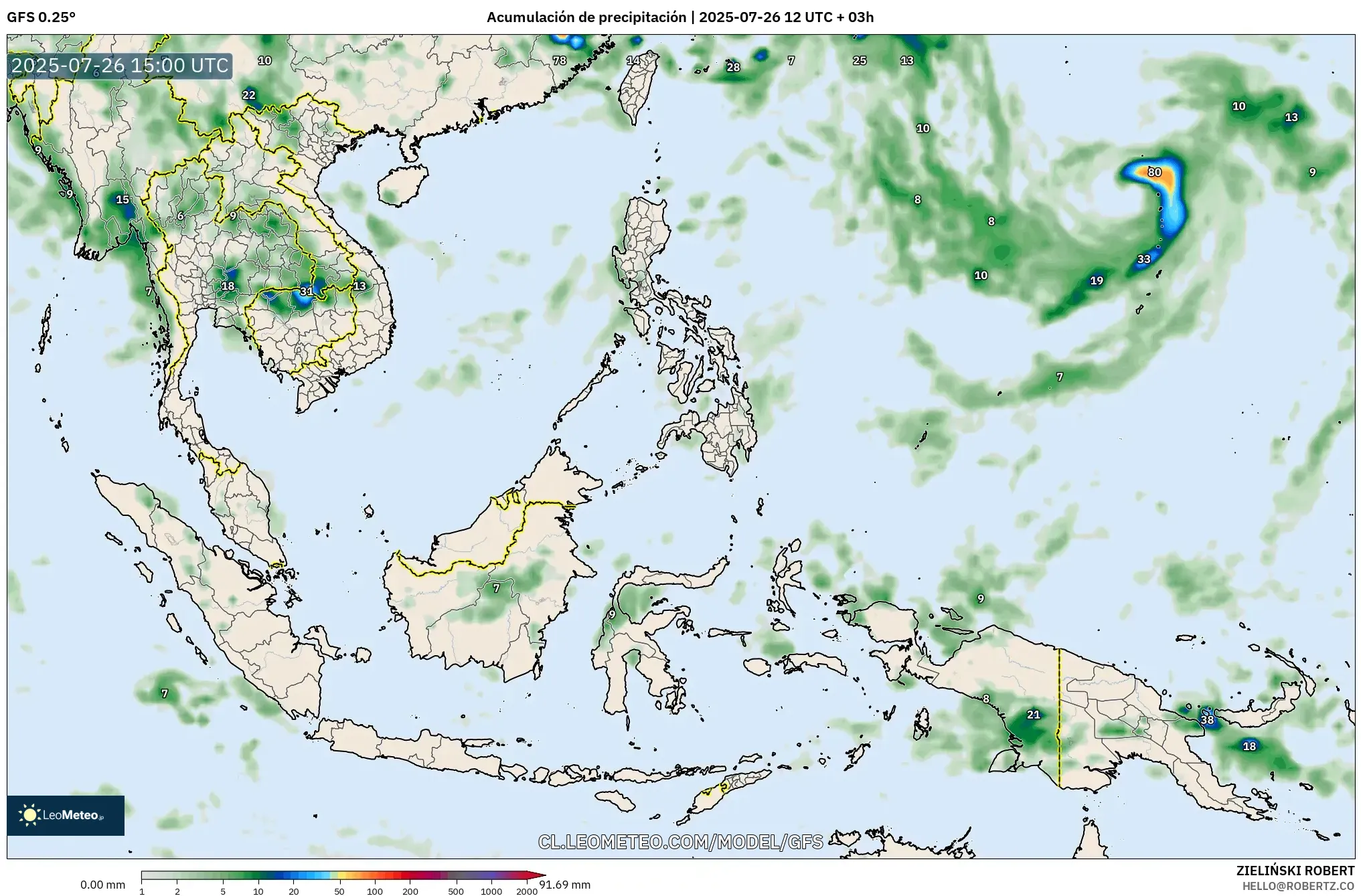 GFS model - Sudeste Asiático, Acumulación de precipitación