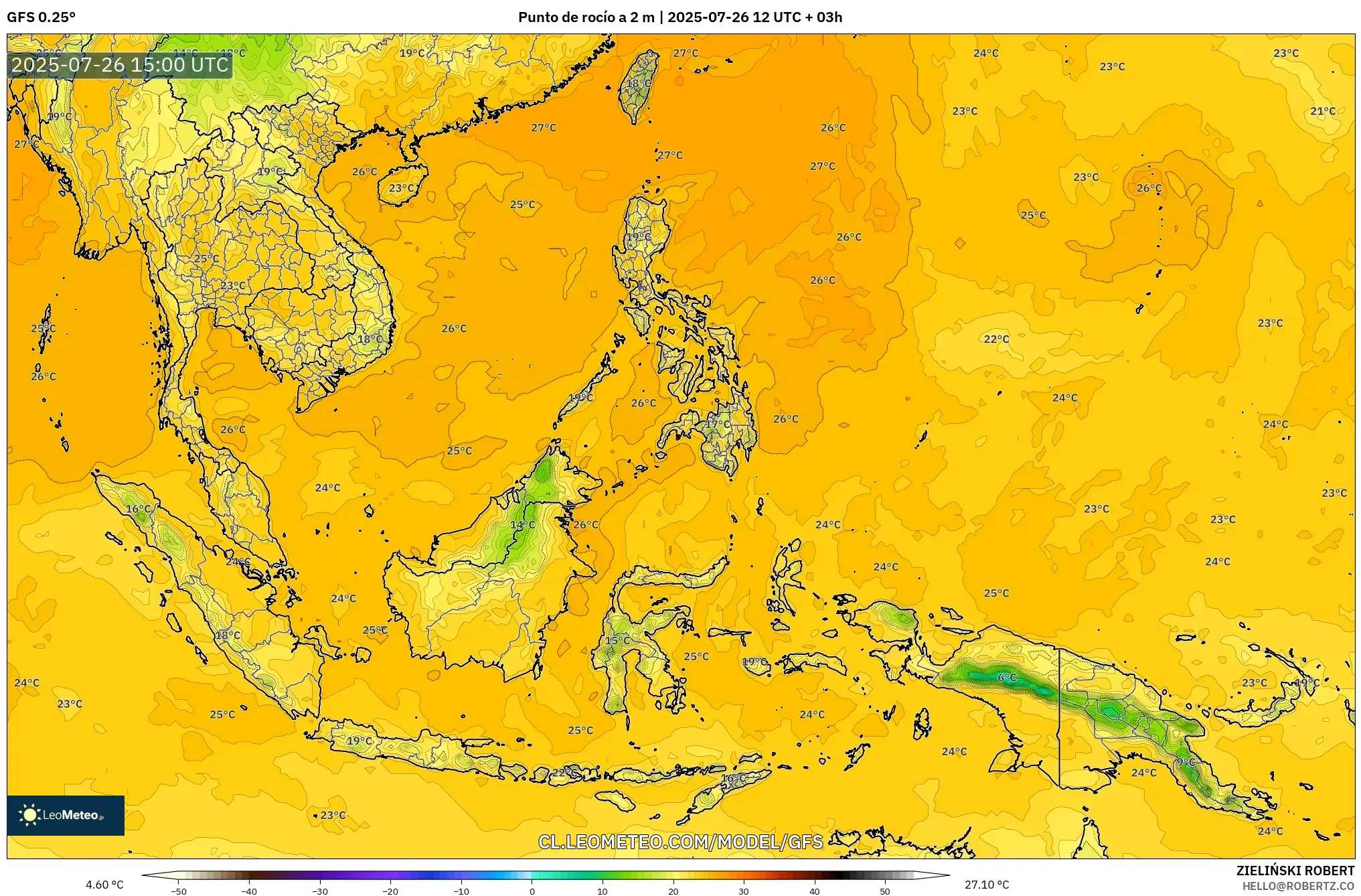GFS model - Sudeste Asiático, Punto de rocío a 2 m