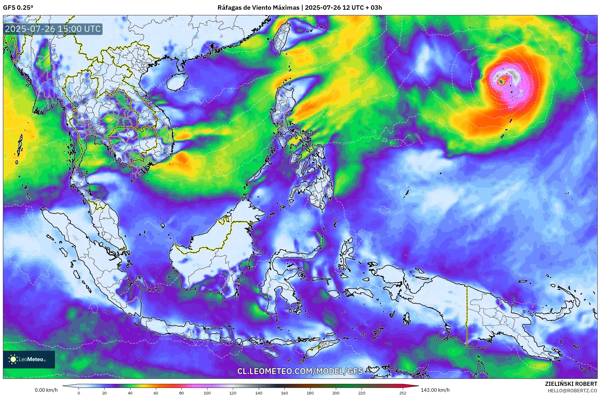 GFS model - Sudeste Asiático, Ráfagas de Viento Máximas