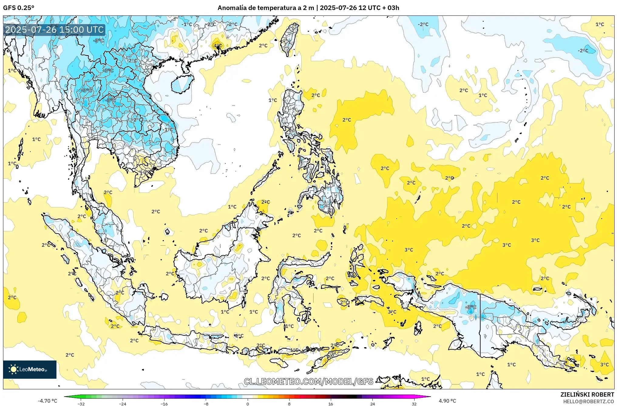 GFS model - Sudeste Asiático, Anomalía de temperatura a 2 m GFS model - Sudeste Asiático, Anomalía de temperatura a 2 m