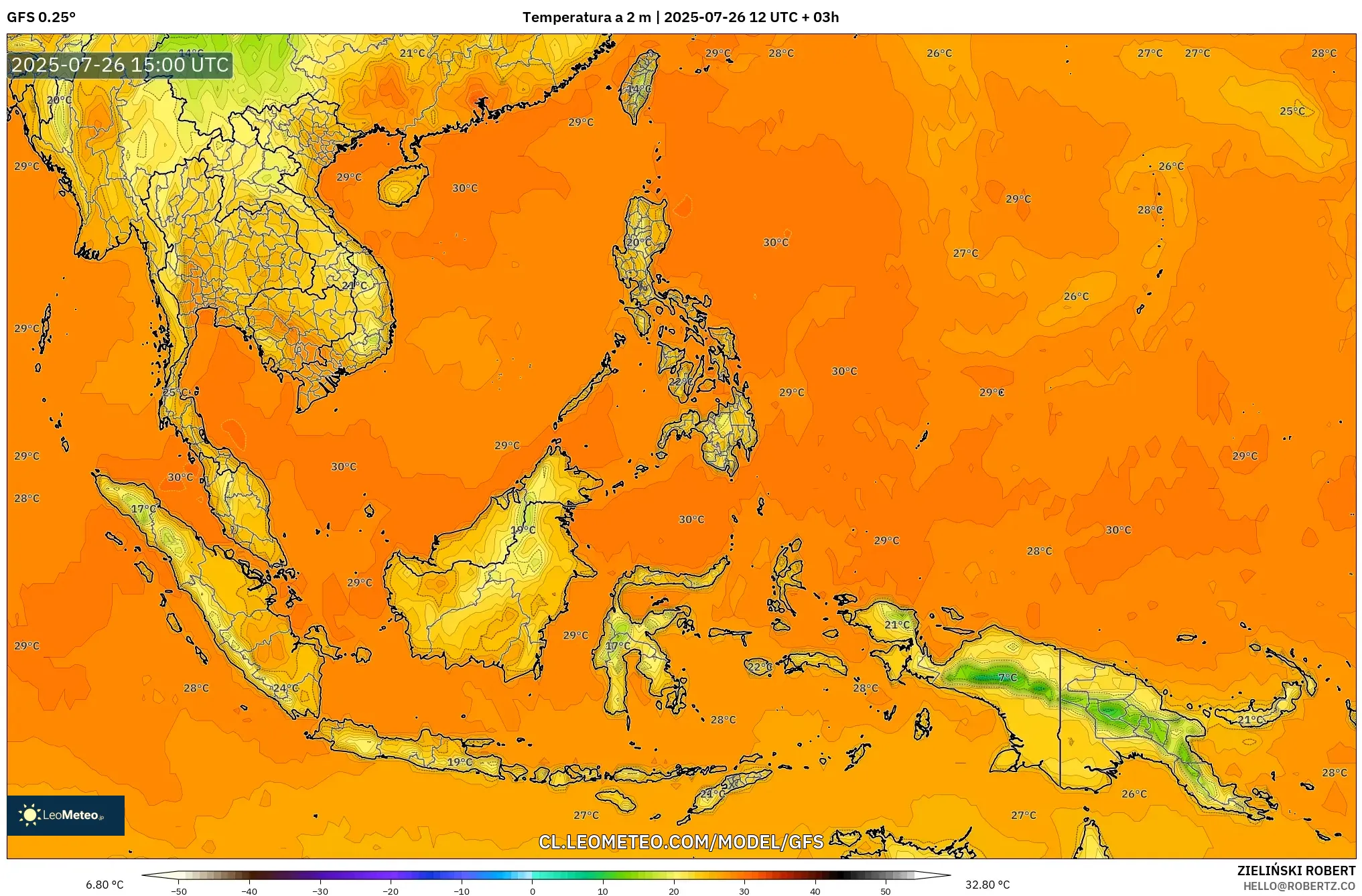 GFS model - Sudeste Asiático, Temperatura a 2 m