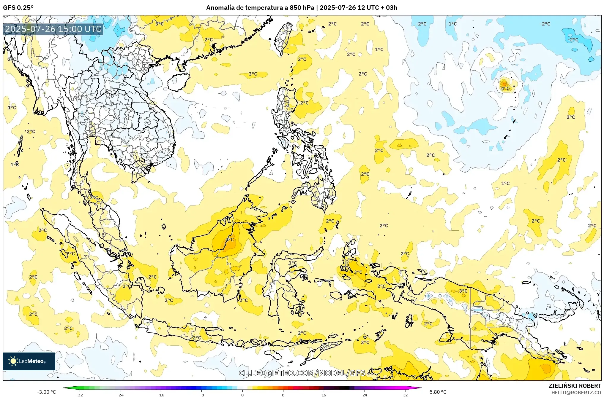 GFS model - Sudeste Asiático, Anomalía de temperatura a 850 hPa