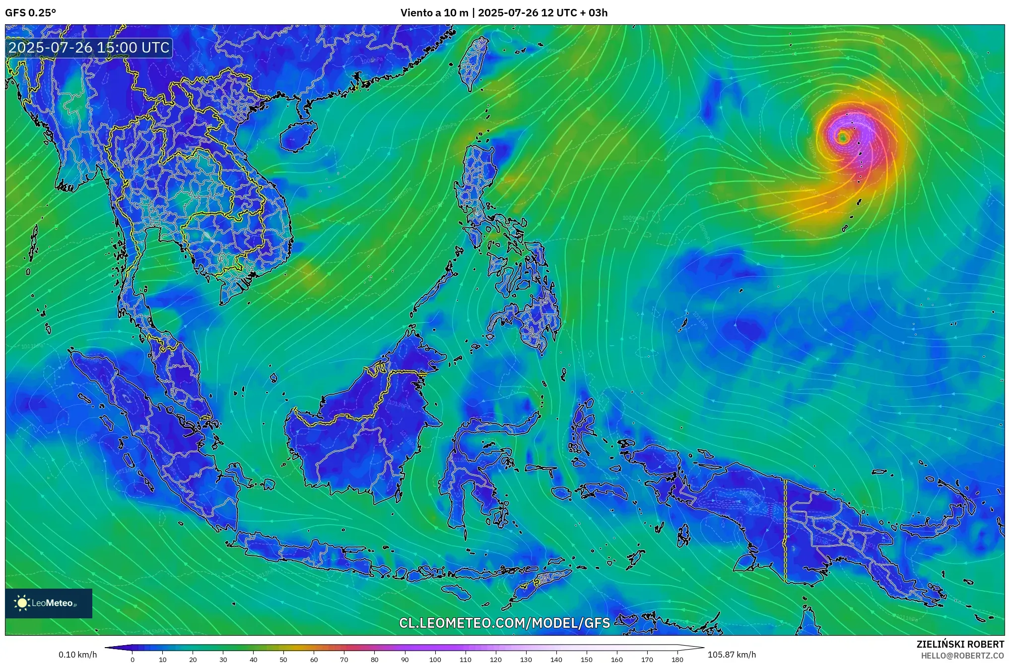 GFS model - Sudeste Asiático, Viento a 10 m