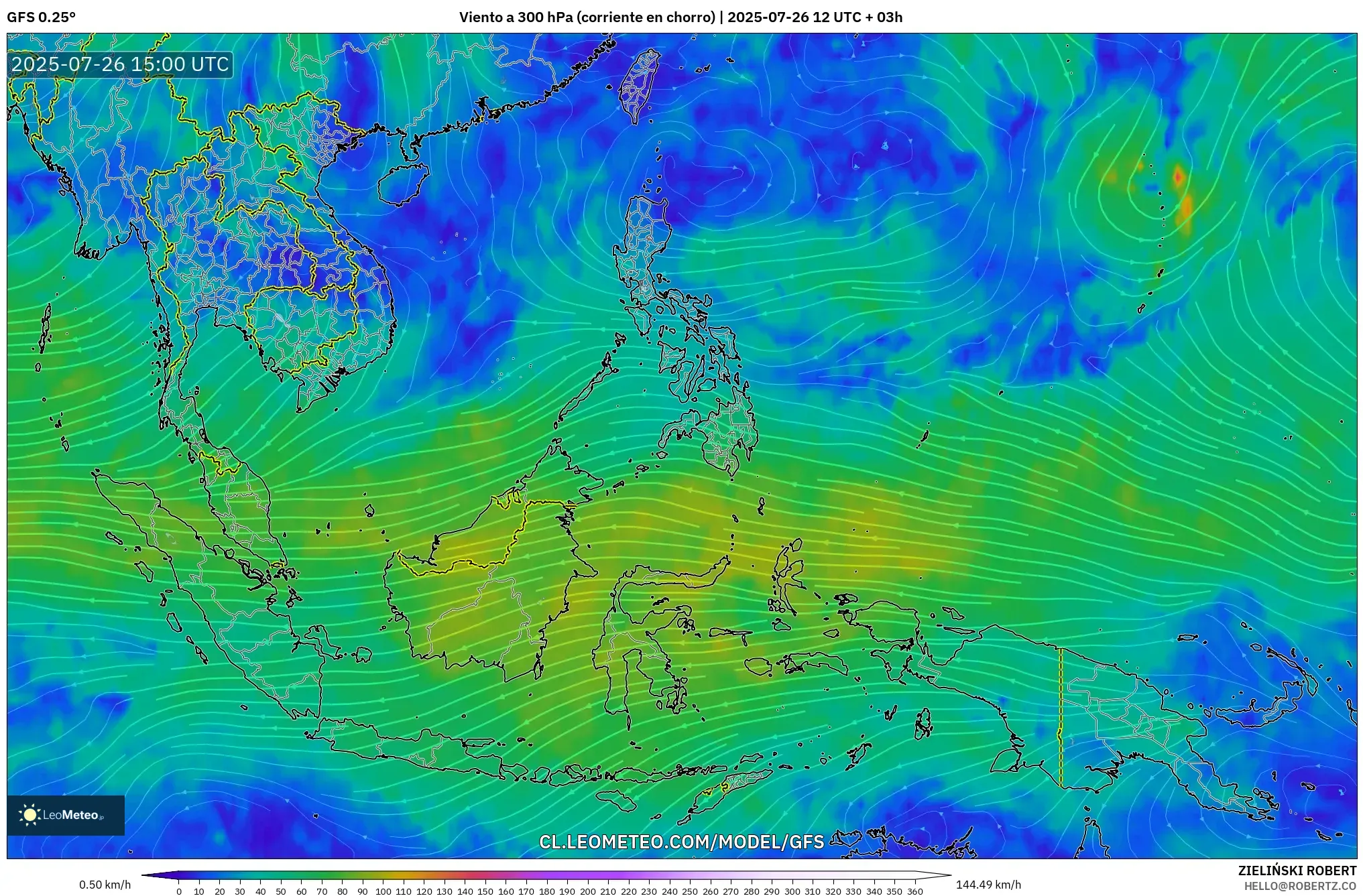 GFS model - Sudeste Asiático, Viento a 300 hPa (corriente en chorro)