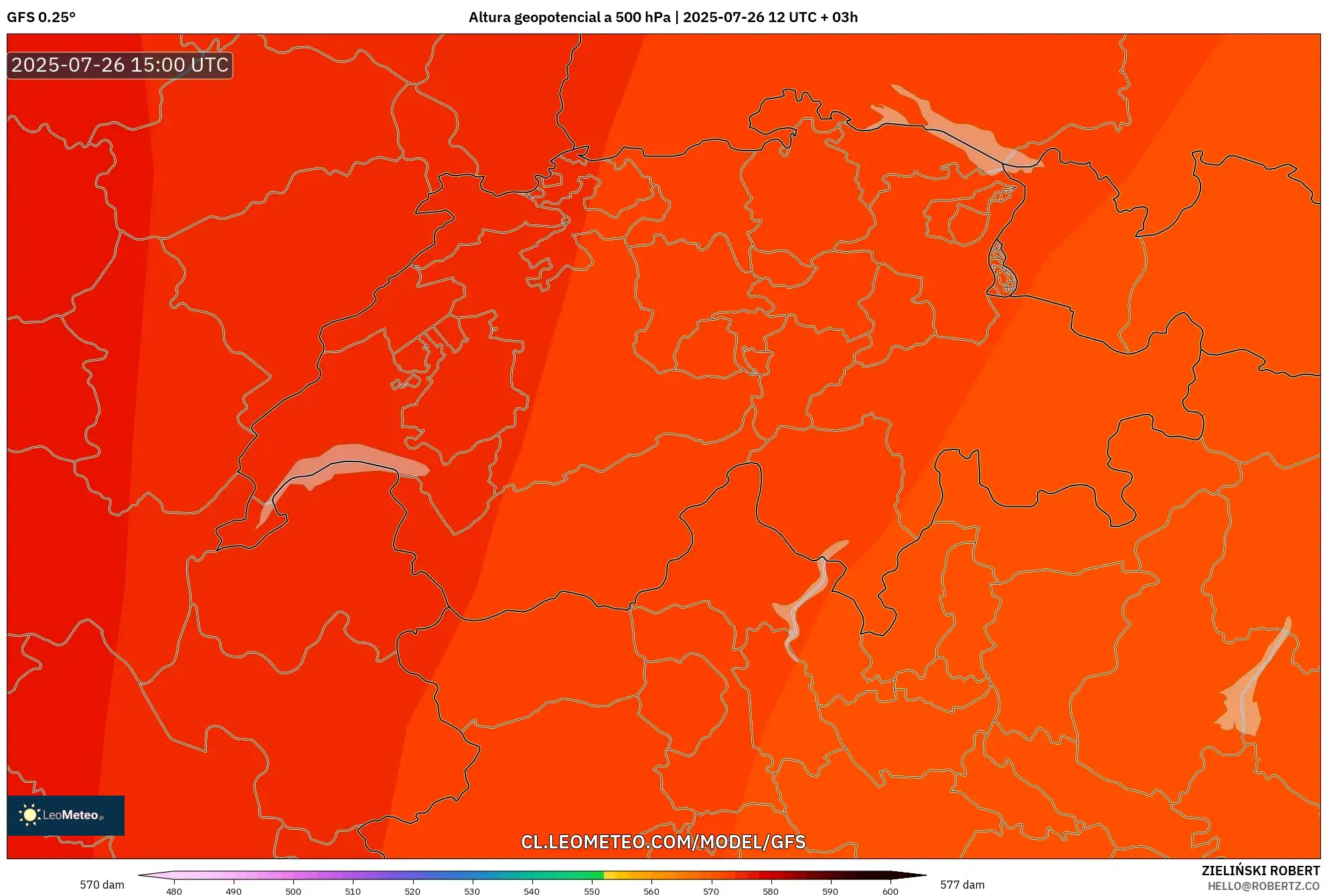 GFS model - Suiza, Altura geopotencial a 500 hPa