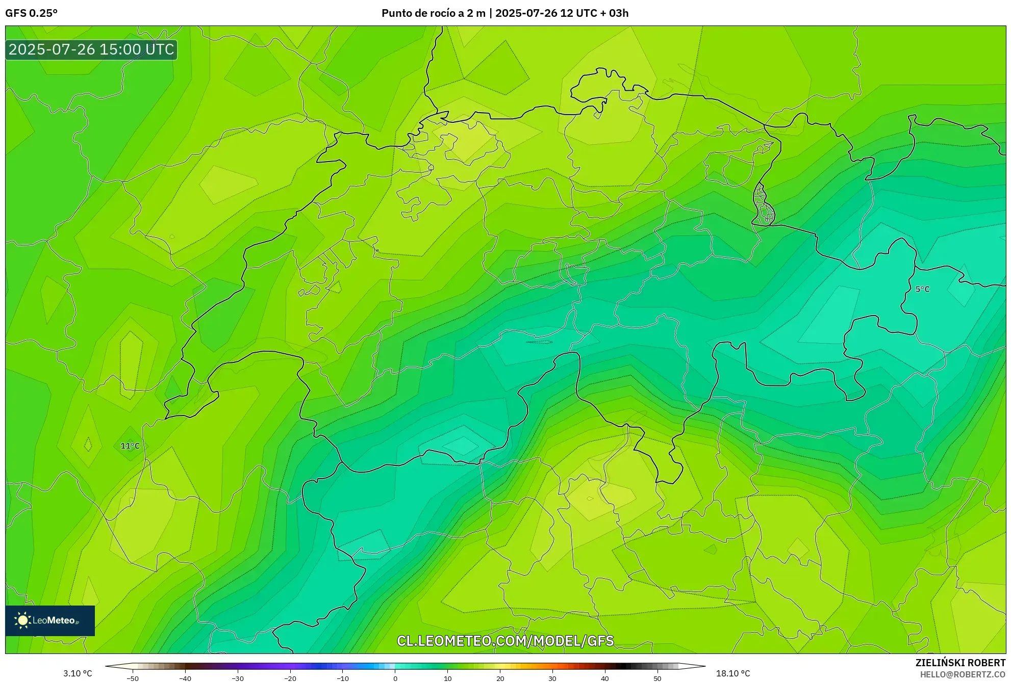 GFS model - Suiza, Punto de rocío a 2 m GFS model - Suiza, Punto de rocío a 2 m
