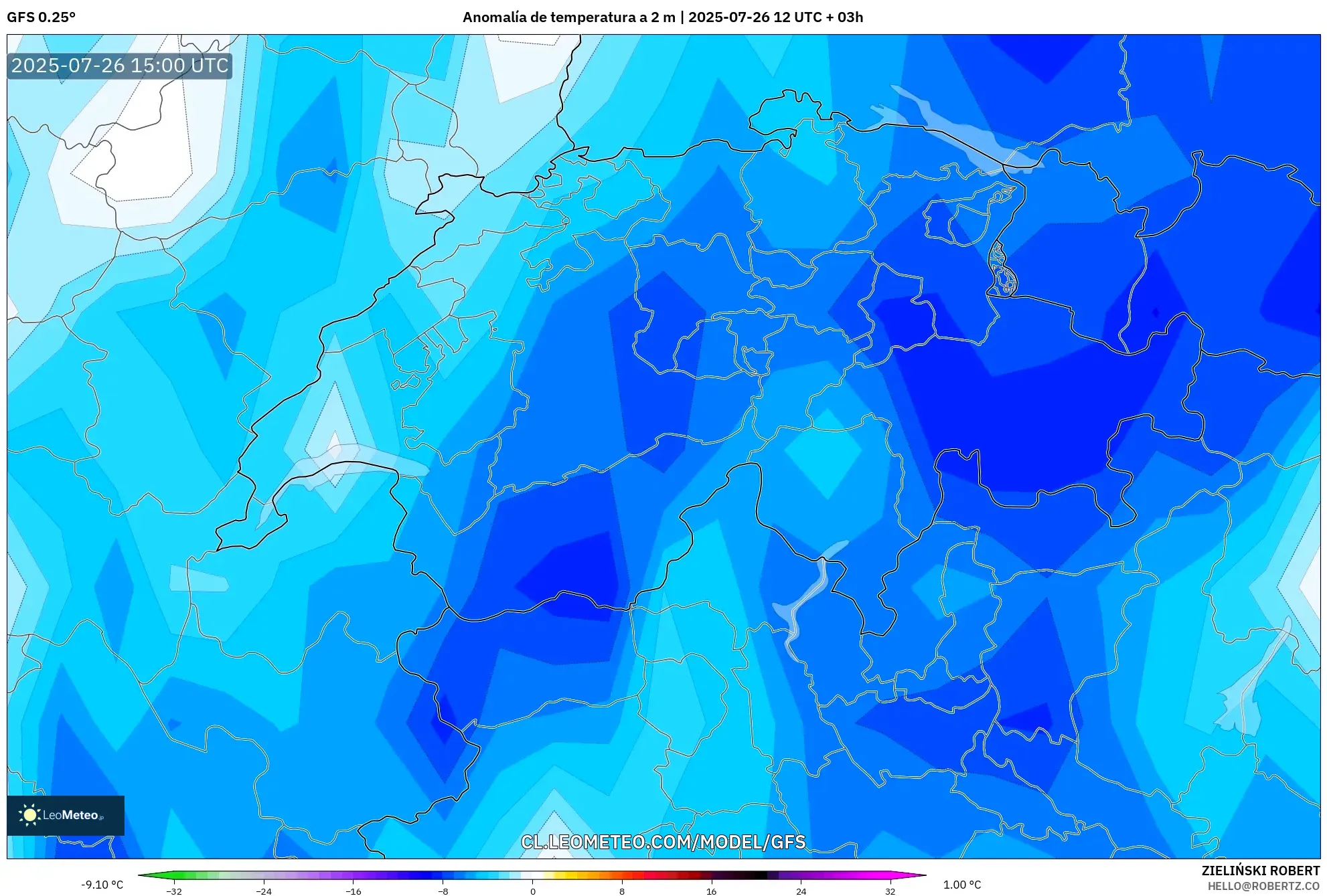 GFS model - Suiza, Anomalía de temperatura a 2 m