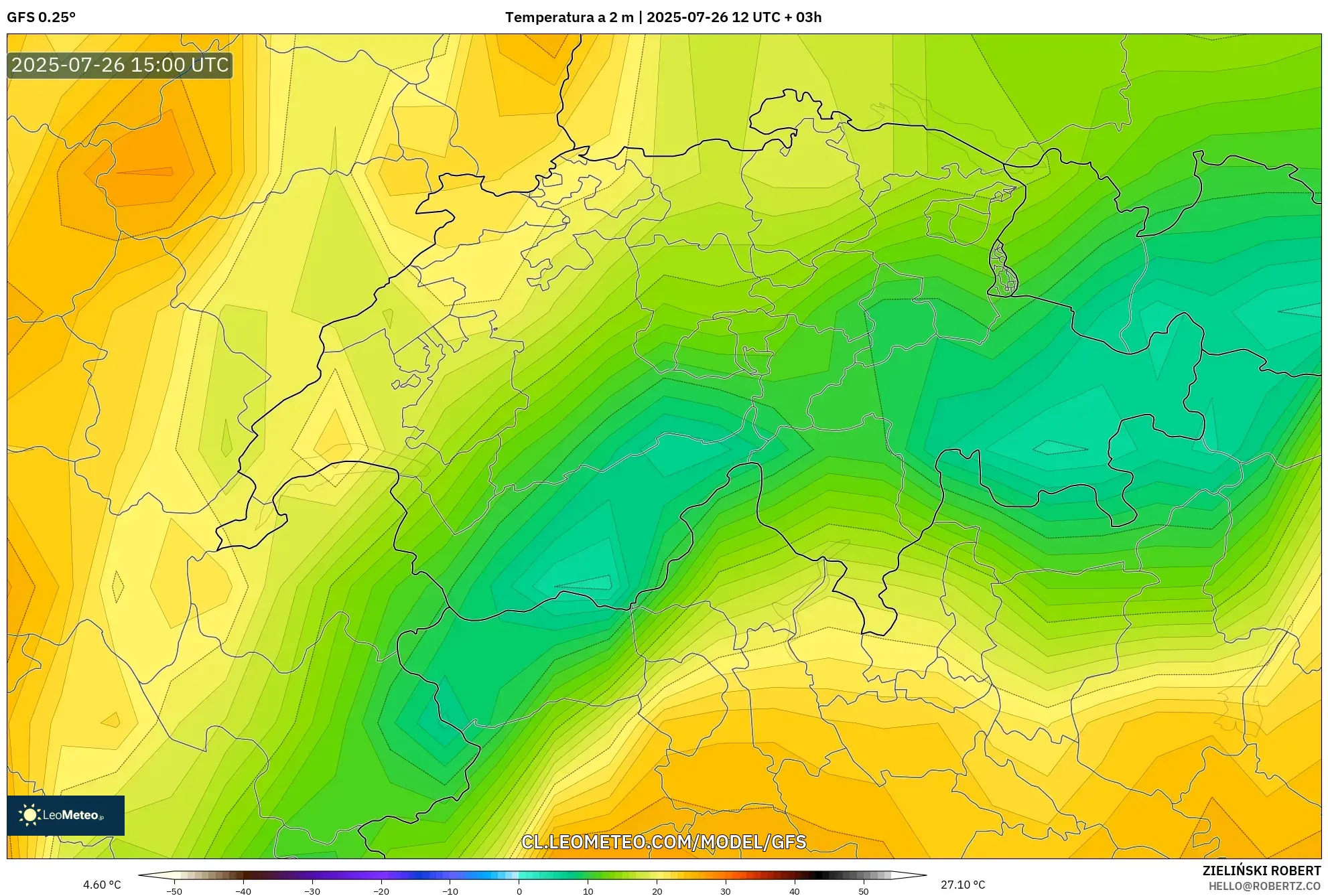 GFS model - Suiza, Temperatura a 2 m