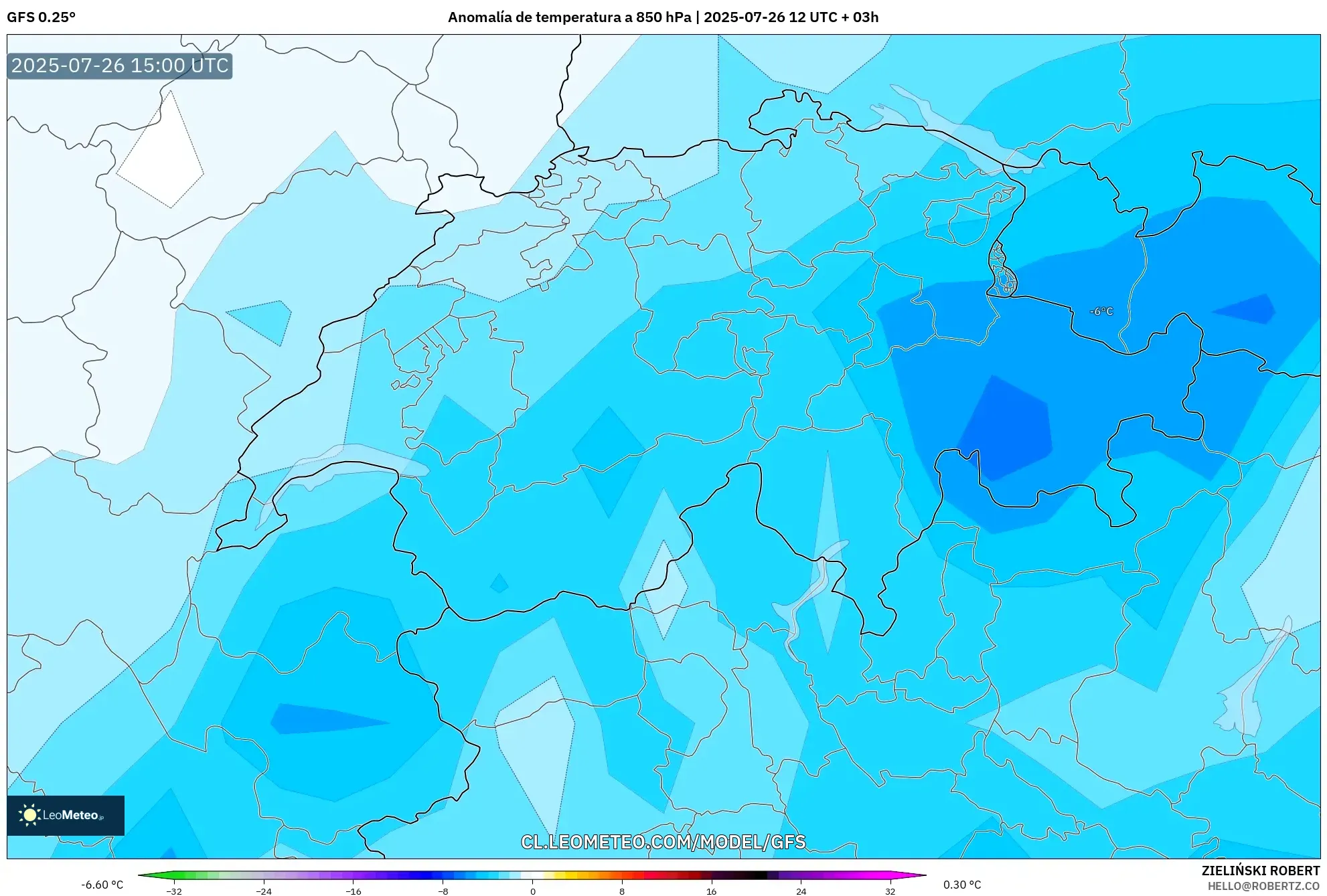 GFS model - Suiza, Anomalía de temperatura a 850 hPa