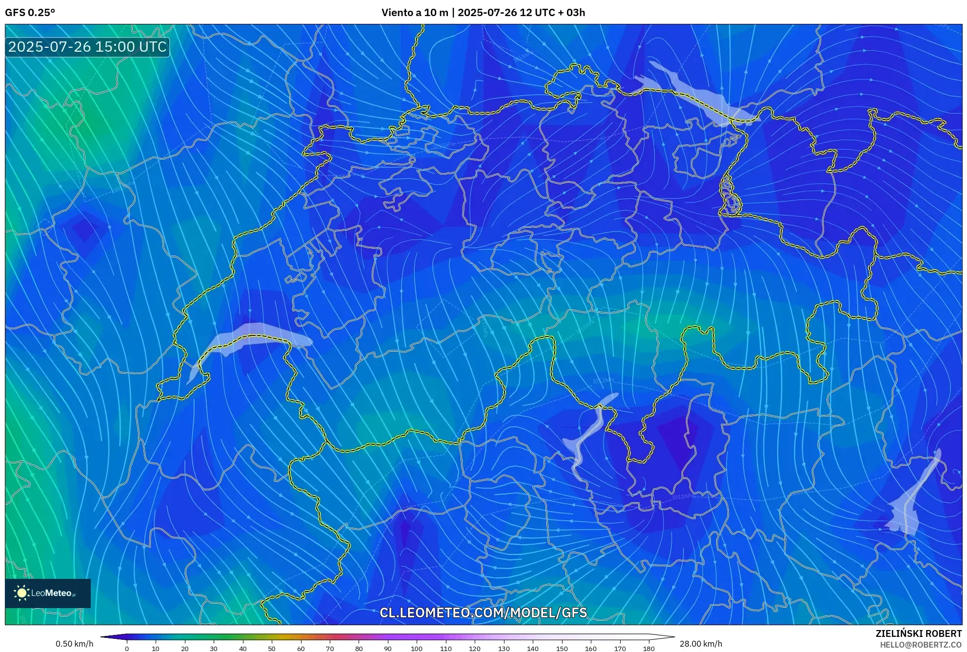 GFS model - Suiza, Viento a 10 m