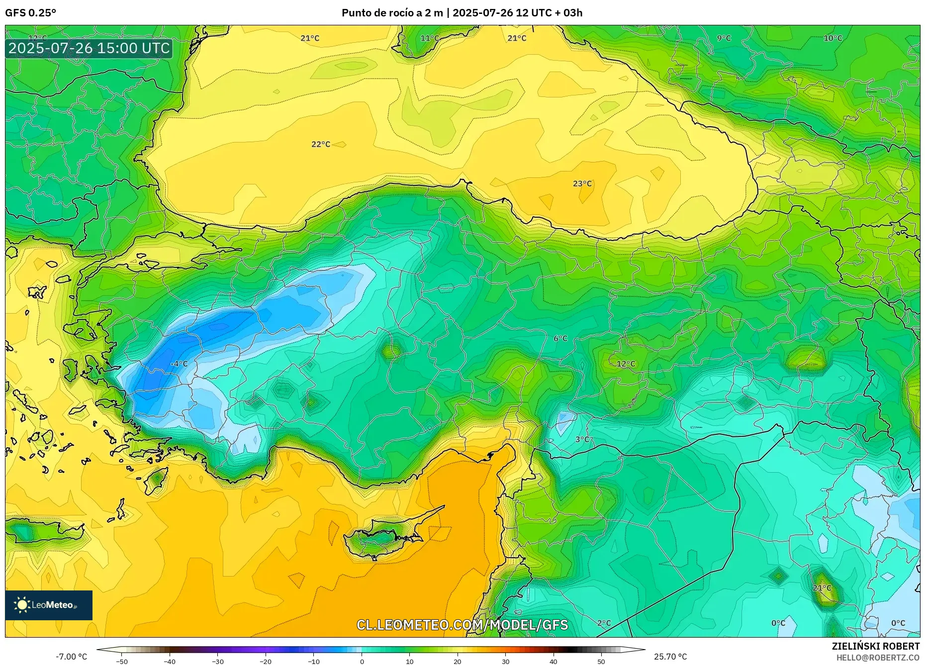 GFS model - Turquía, Punto de rocío a 2 m
