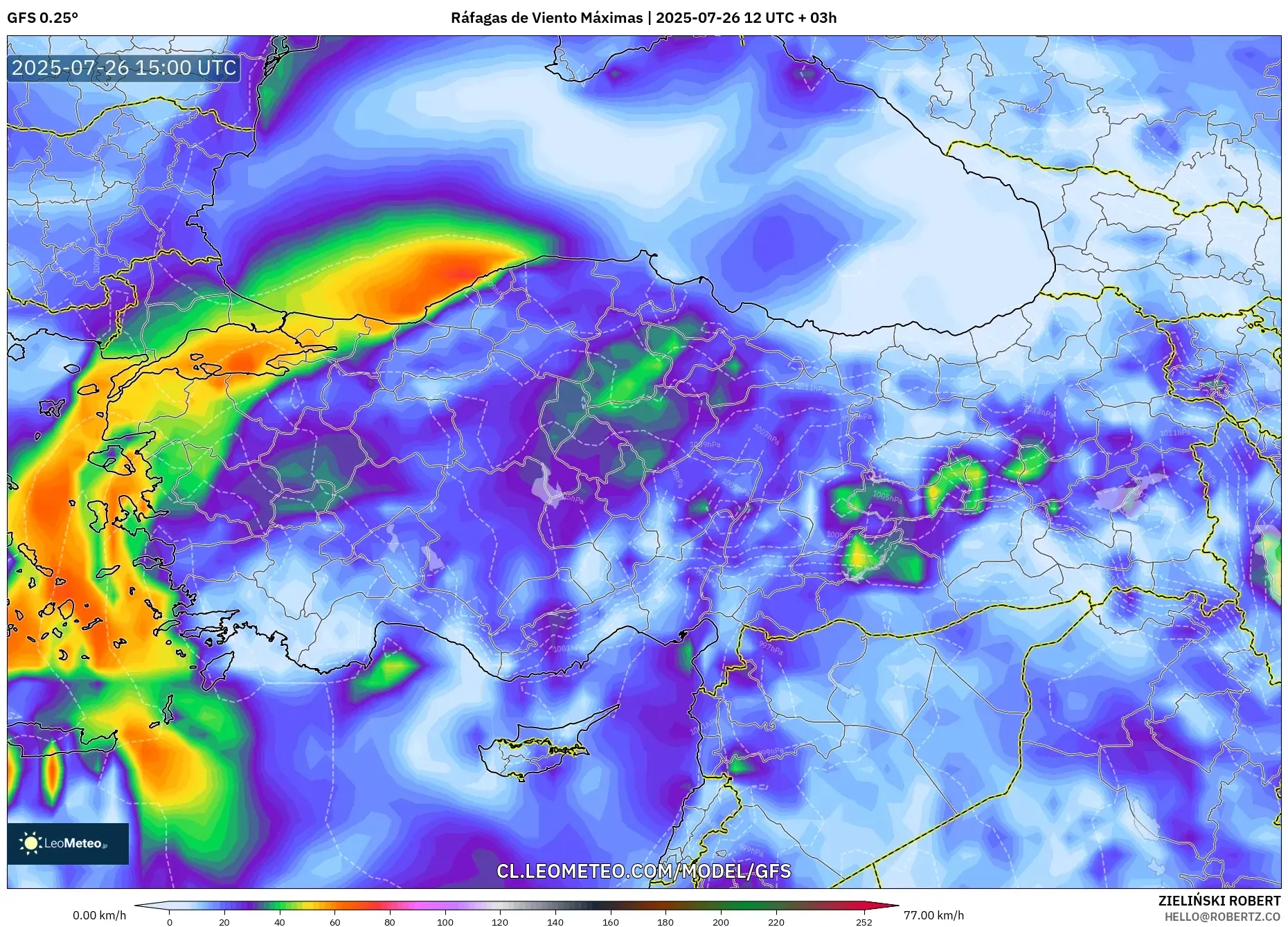 GFS model - Turquía, Ráfagas de Viento Máximas