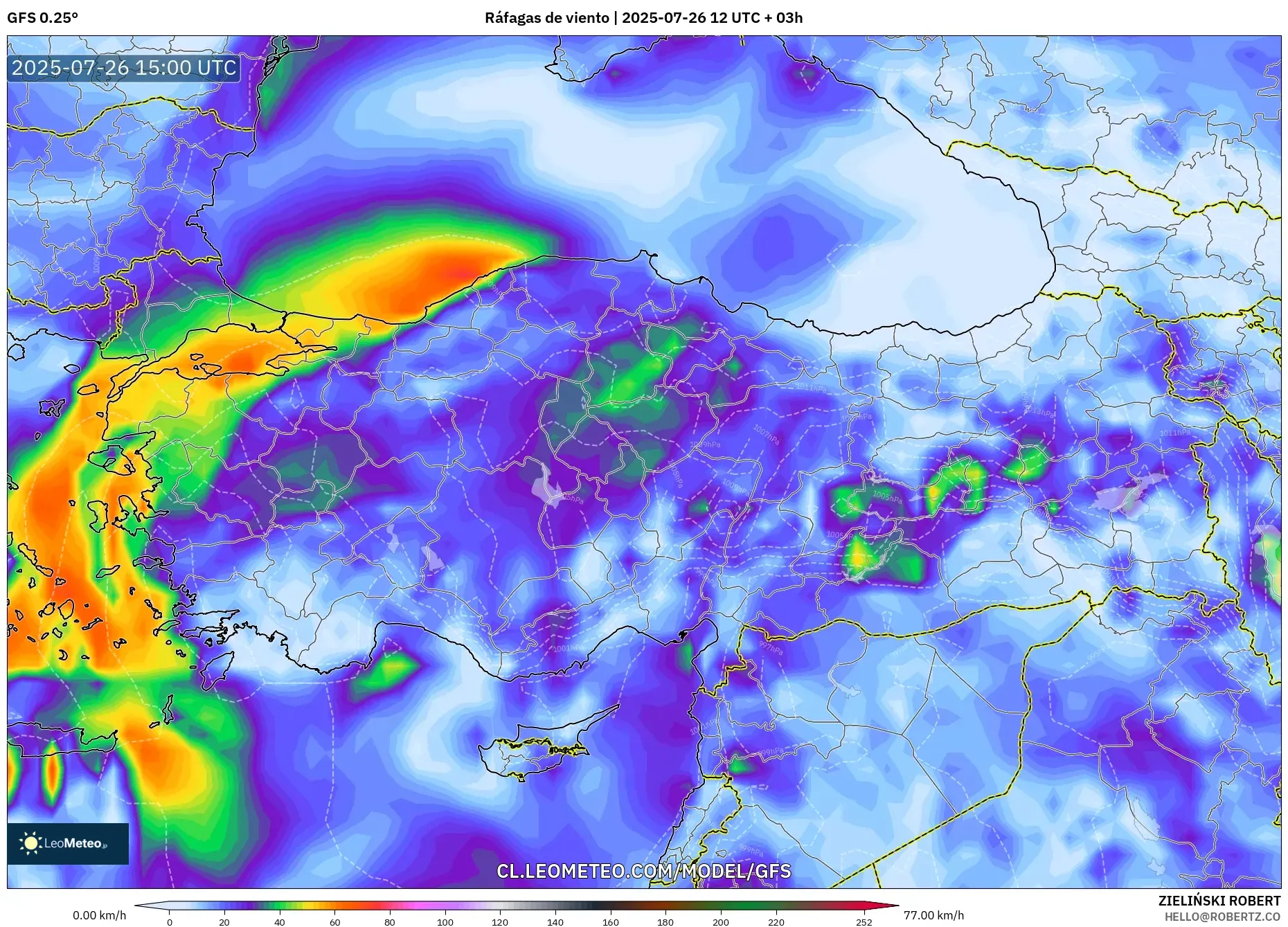 GFS model - Turquía, Ráfagas de viento