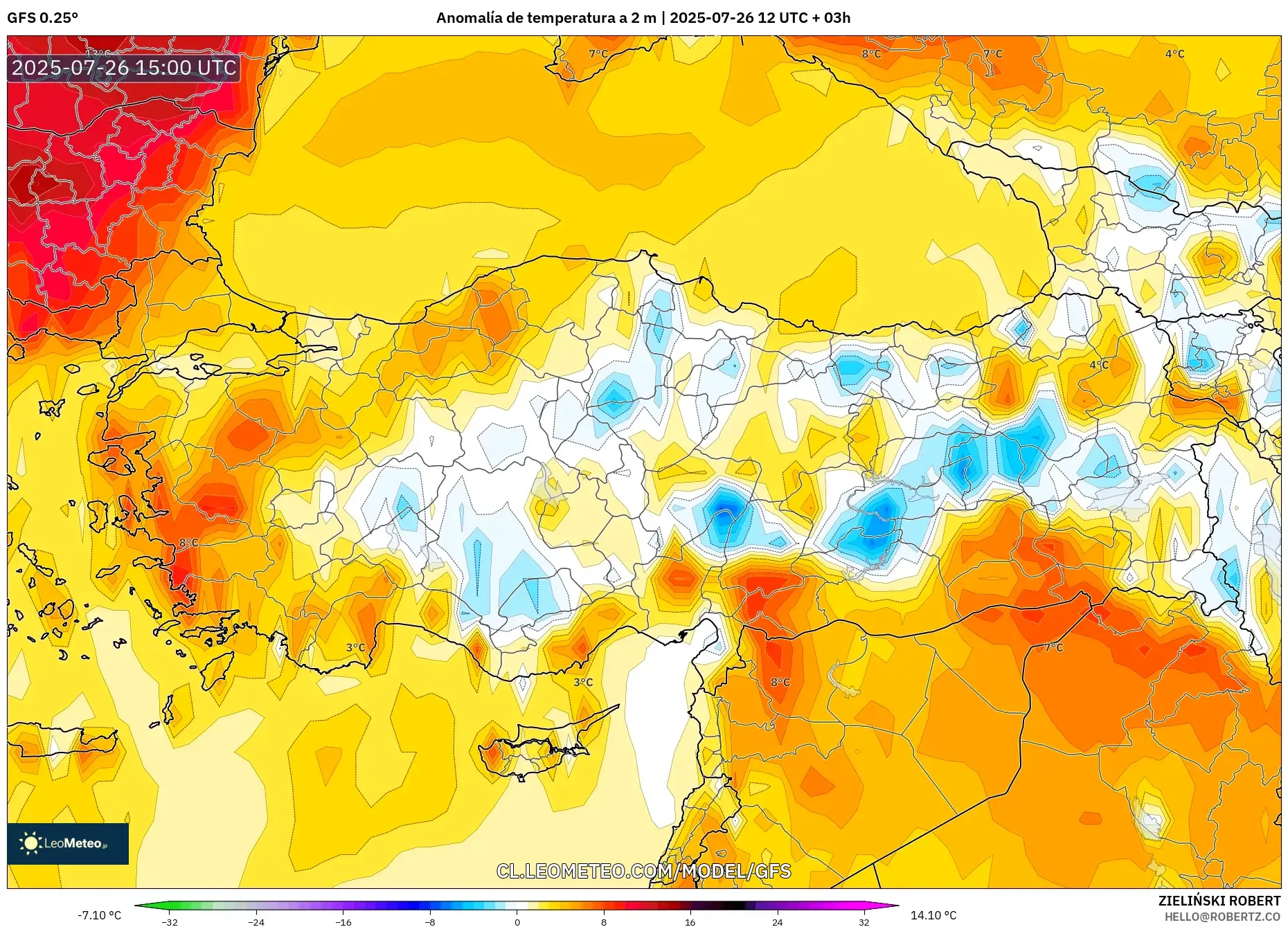 GFS model - Turquía, Anomalía de temperatura a 2 m