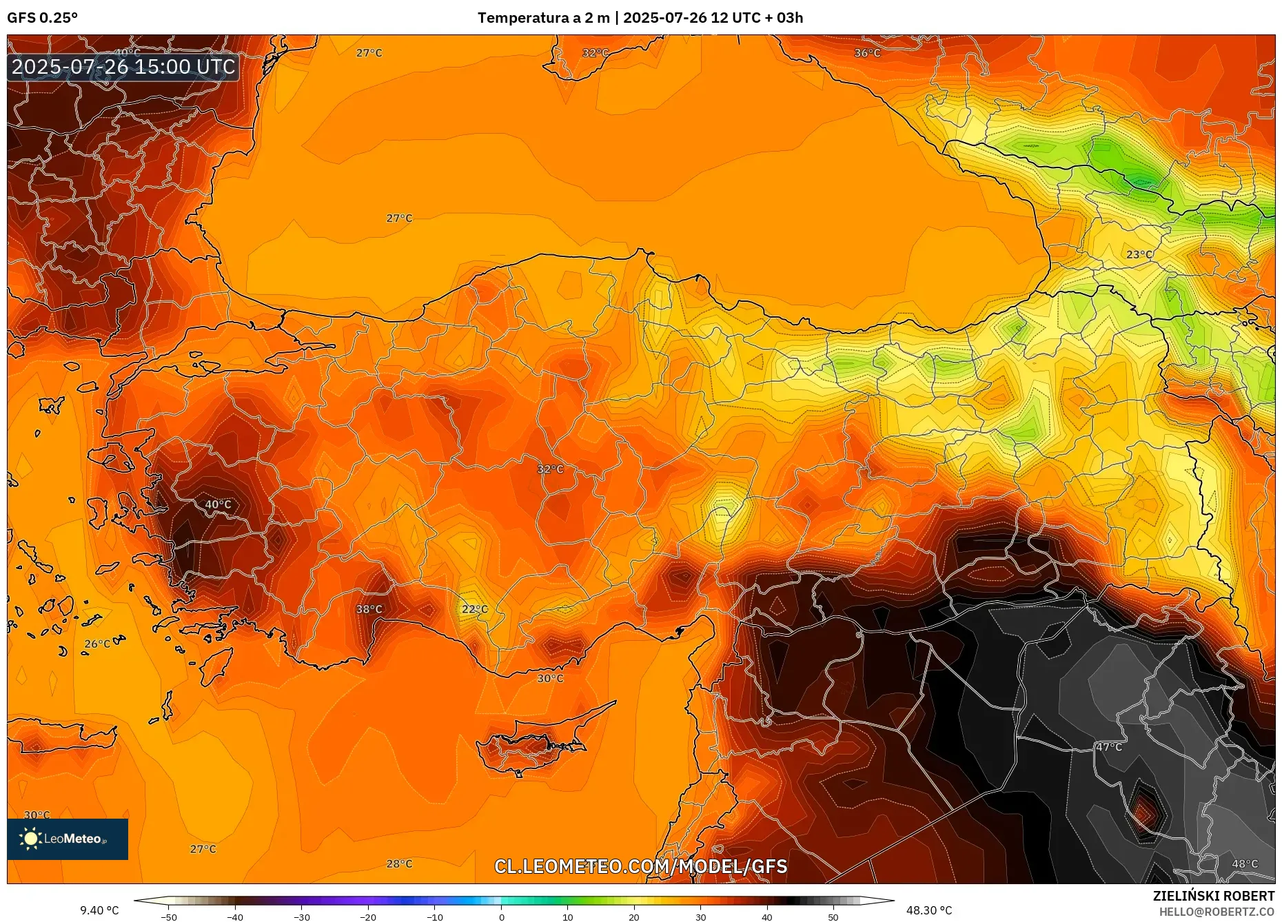 GFS model - Turquía, Temperatura a 2 m
