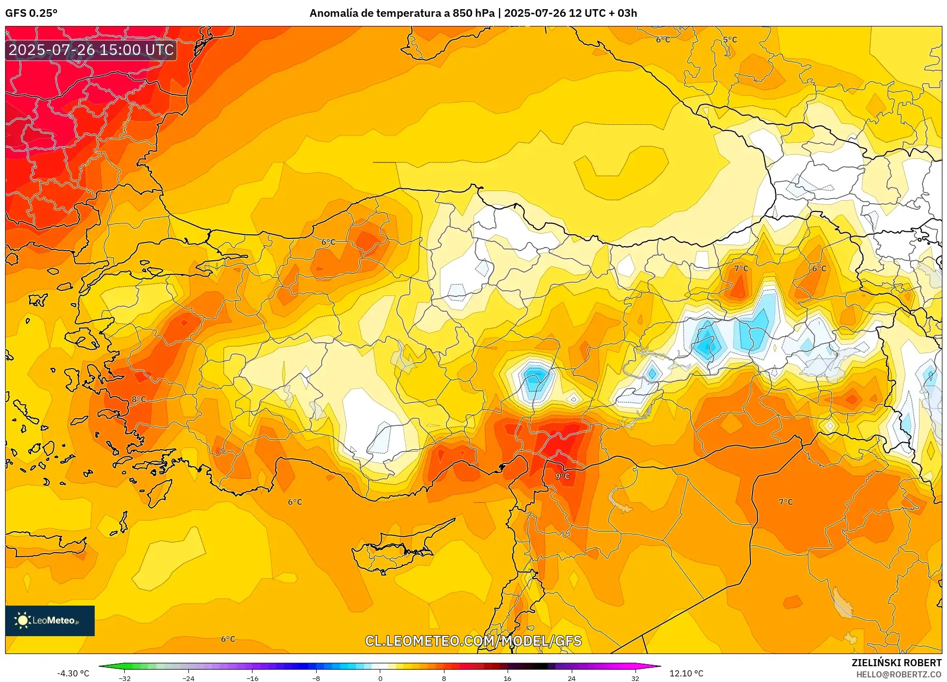 GFS model - Turquía, Anomalía de temperatura a 850 hPa
