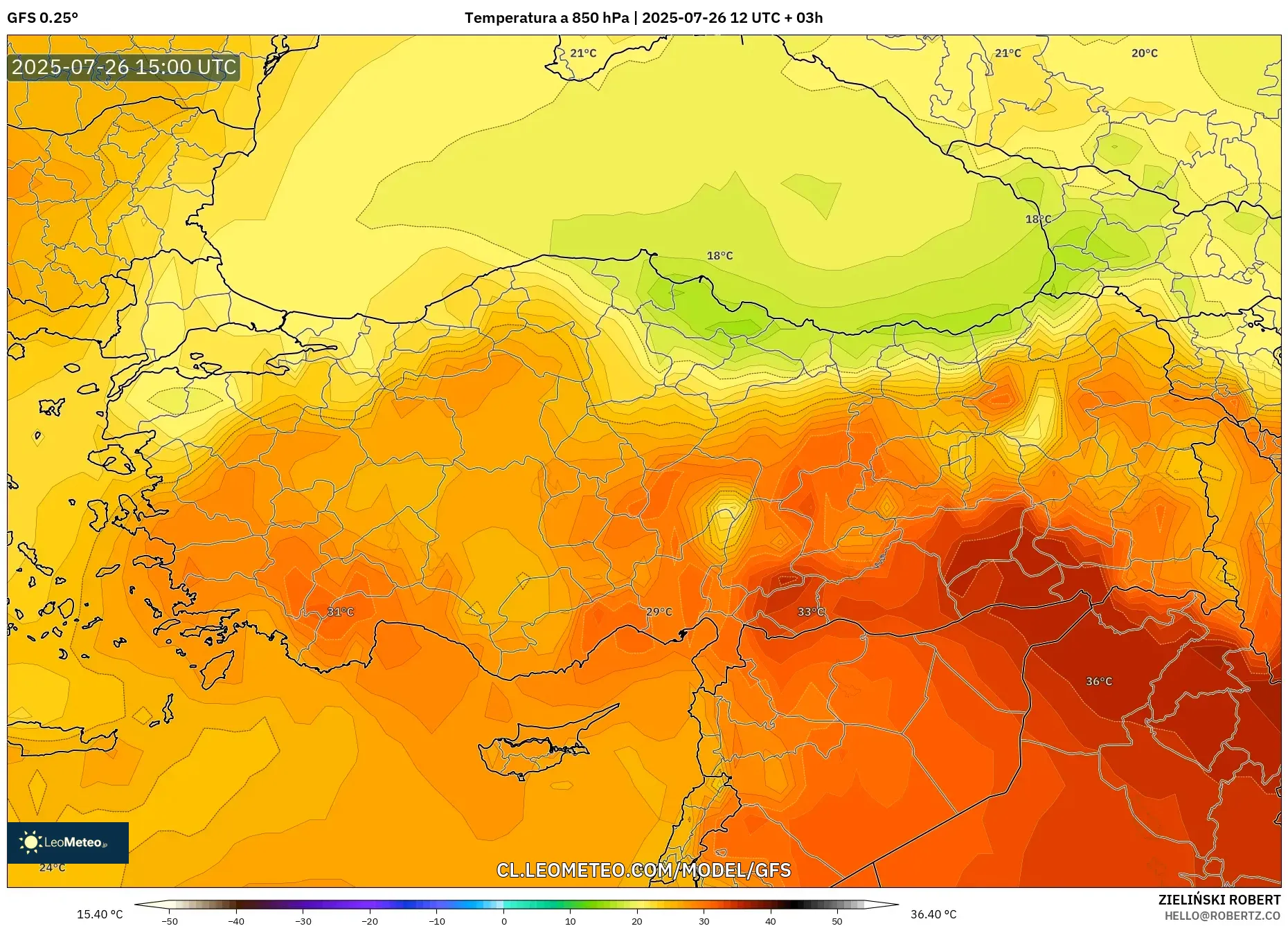 GFS model - Turquía, Temperatura a 850 hPa