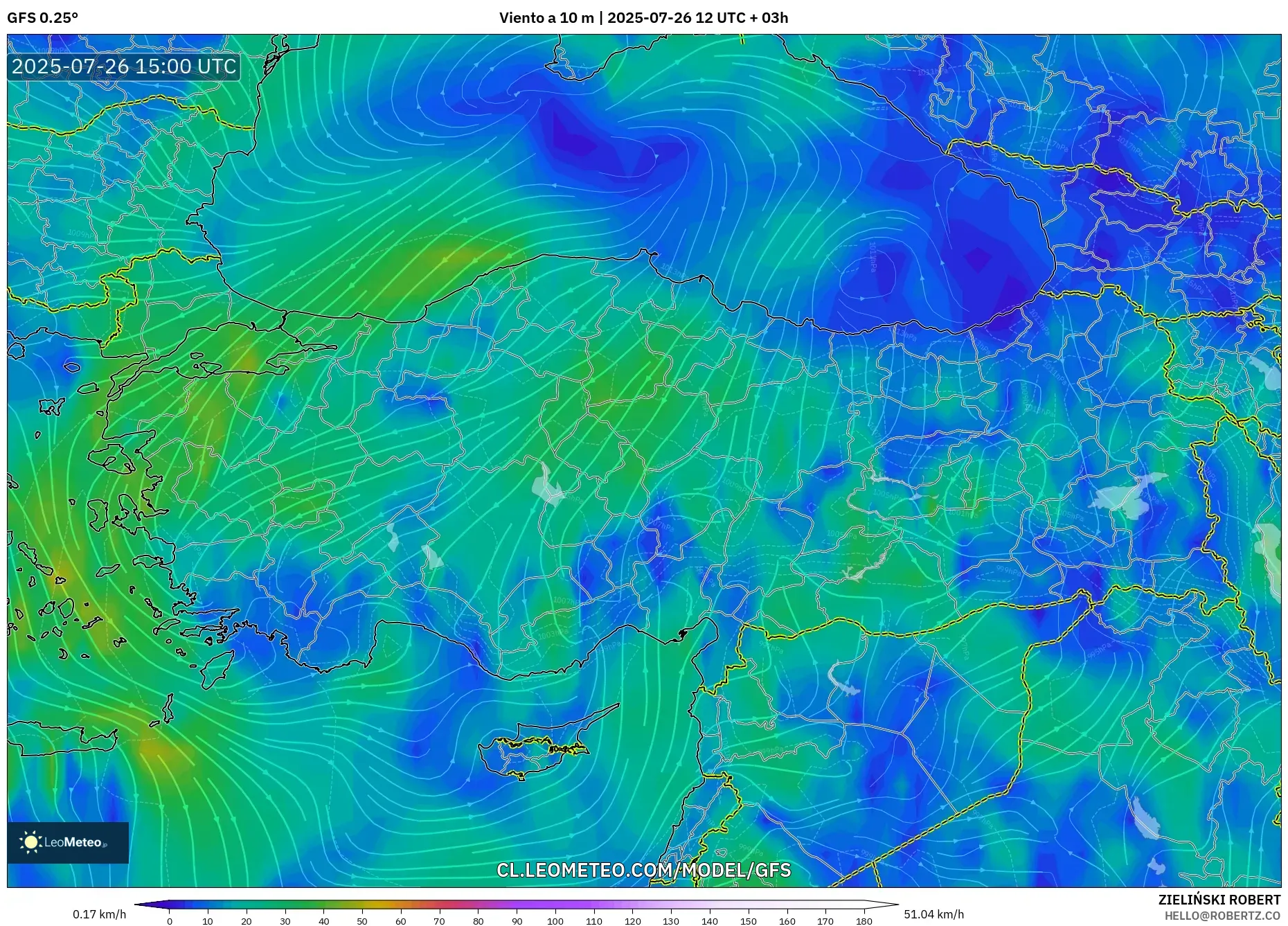 GFS model - Turquía, Viento a 10 m