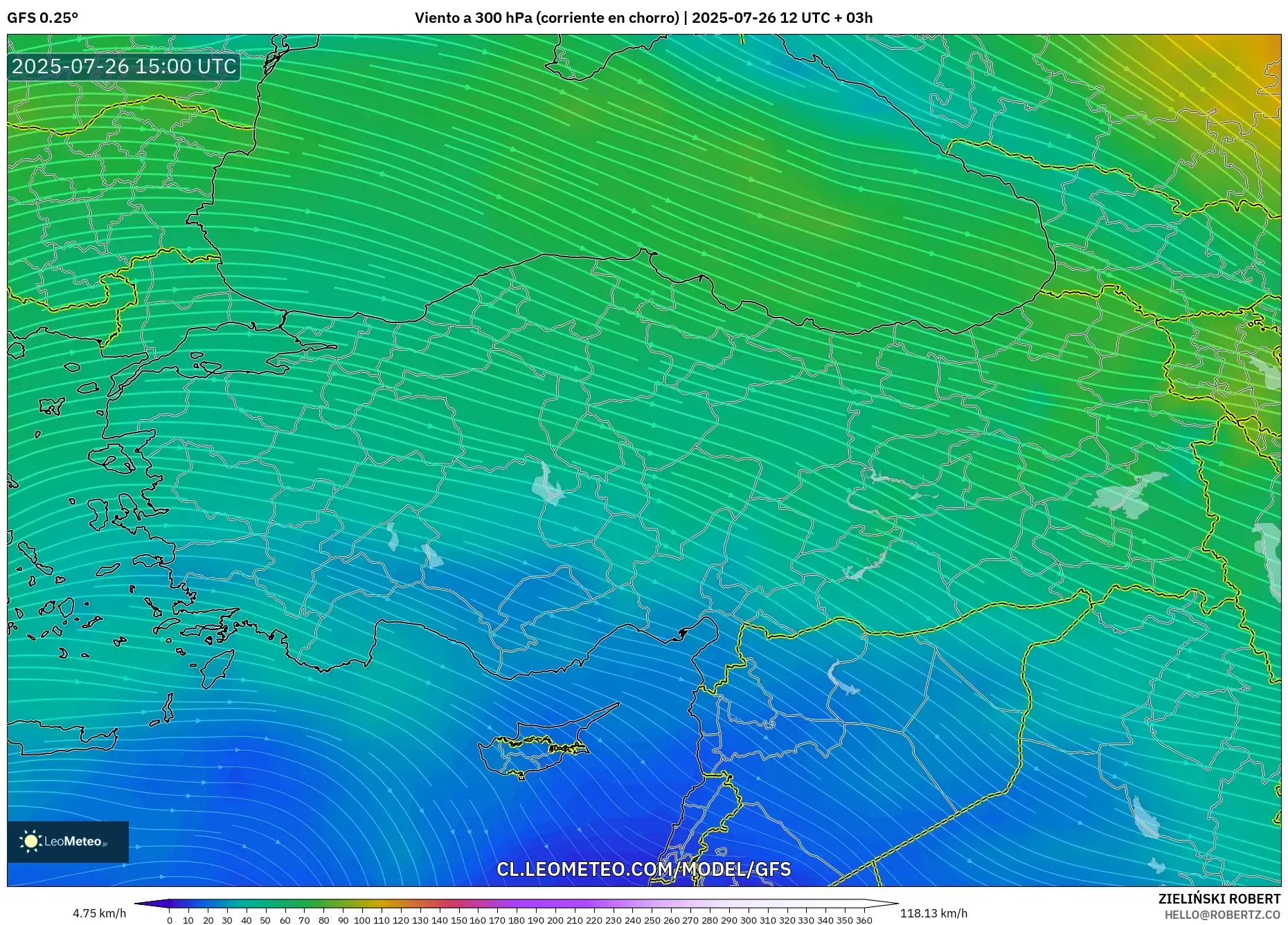 GFS model - Turquía, Viento a 300 hPa (corriente en chorro)