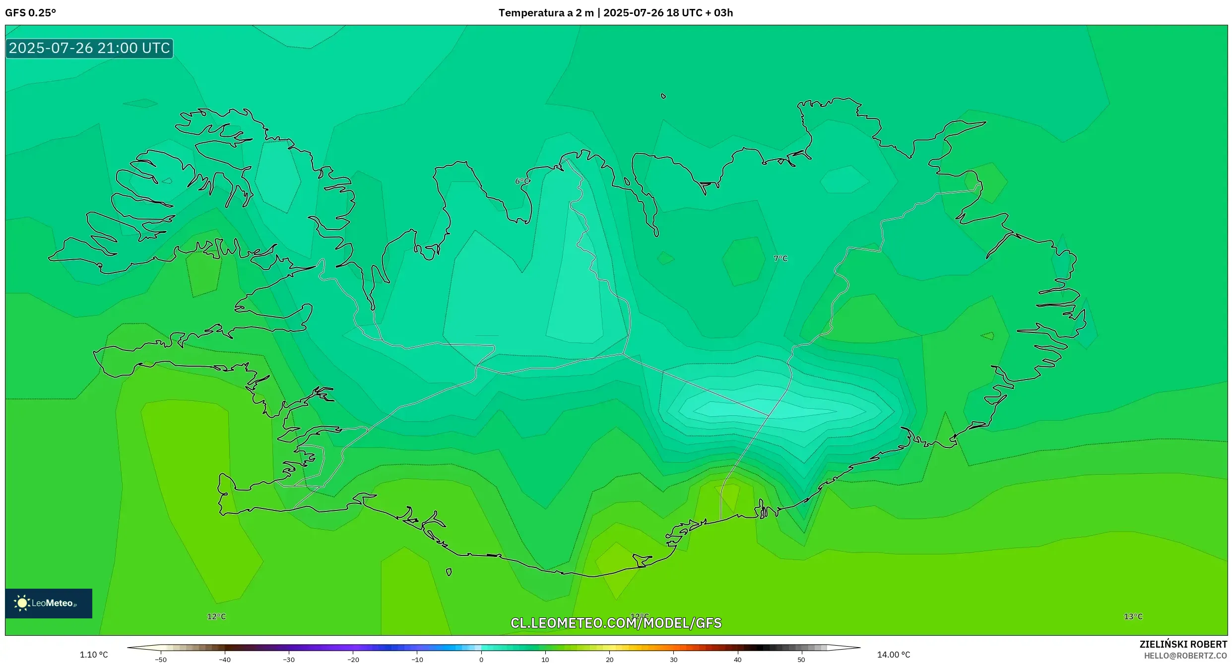GFS model - Islandia, Temperatura a 2 m GFS model - Islandia, Temperatura a 2 m