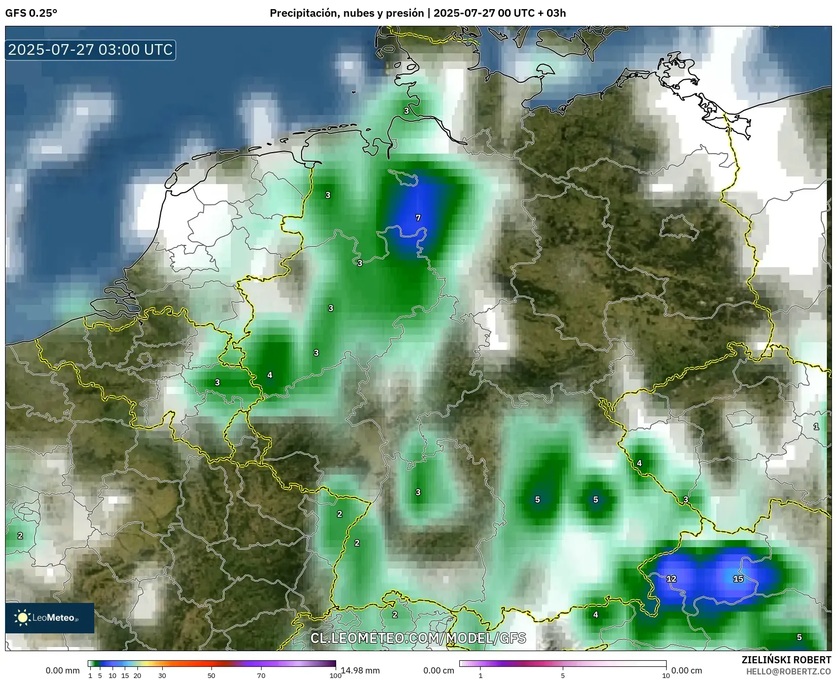 GFS model - Alemania, Precipitación, nubes y presión GFS model - Alemania, Precipitación, nubes y presión