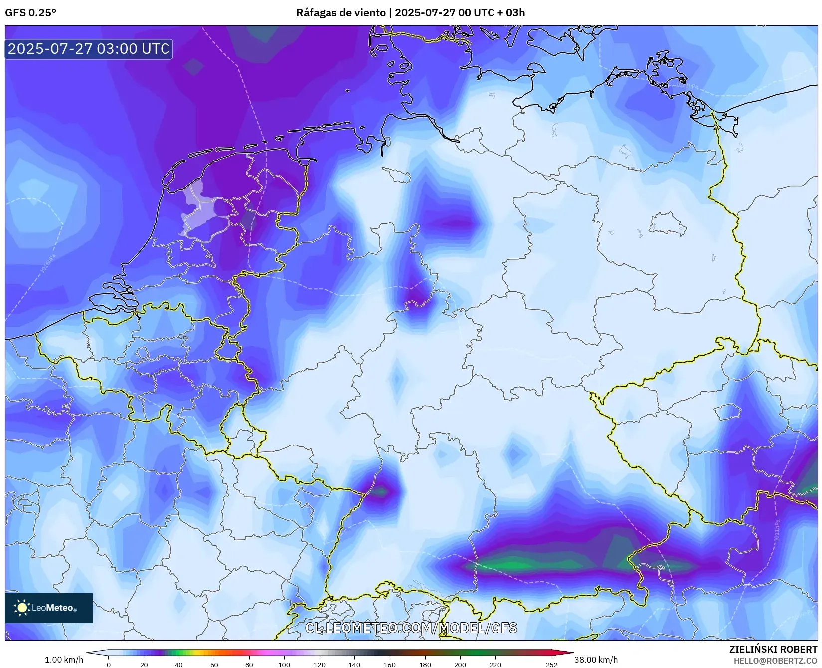 GFS model - Alemania, Ráfagas de viento GFS model - Alemania, Ráfagas de viento