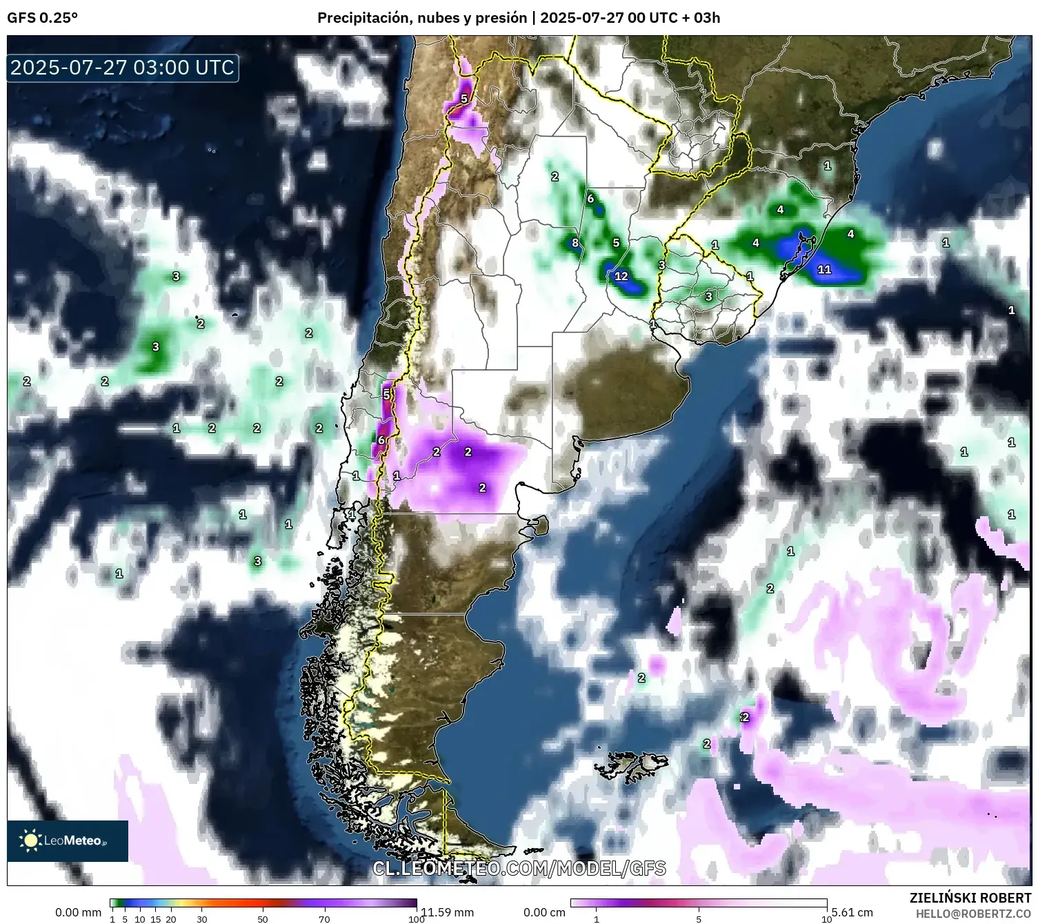 GFS model - Argentina, Precipitación, nubes y presión GFS model - Argentina, Precipitación, nubes y presión