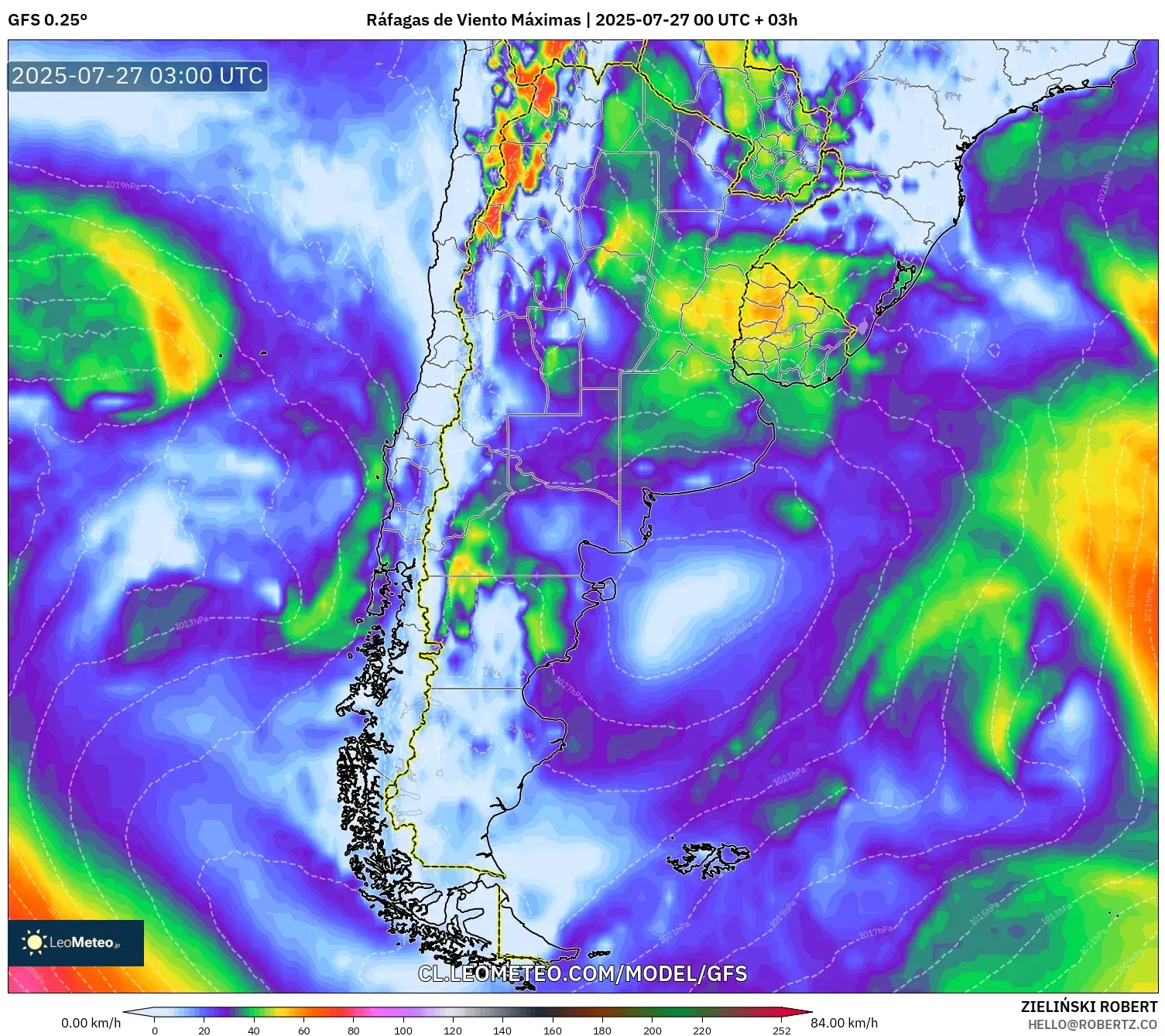 GFS model - Argentina, Ráfagas de Viento Máximas